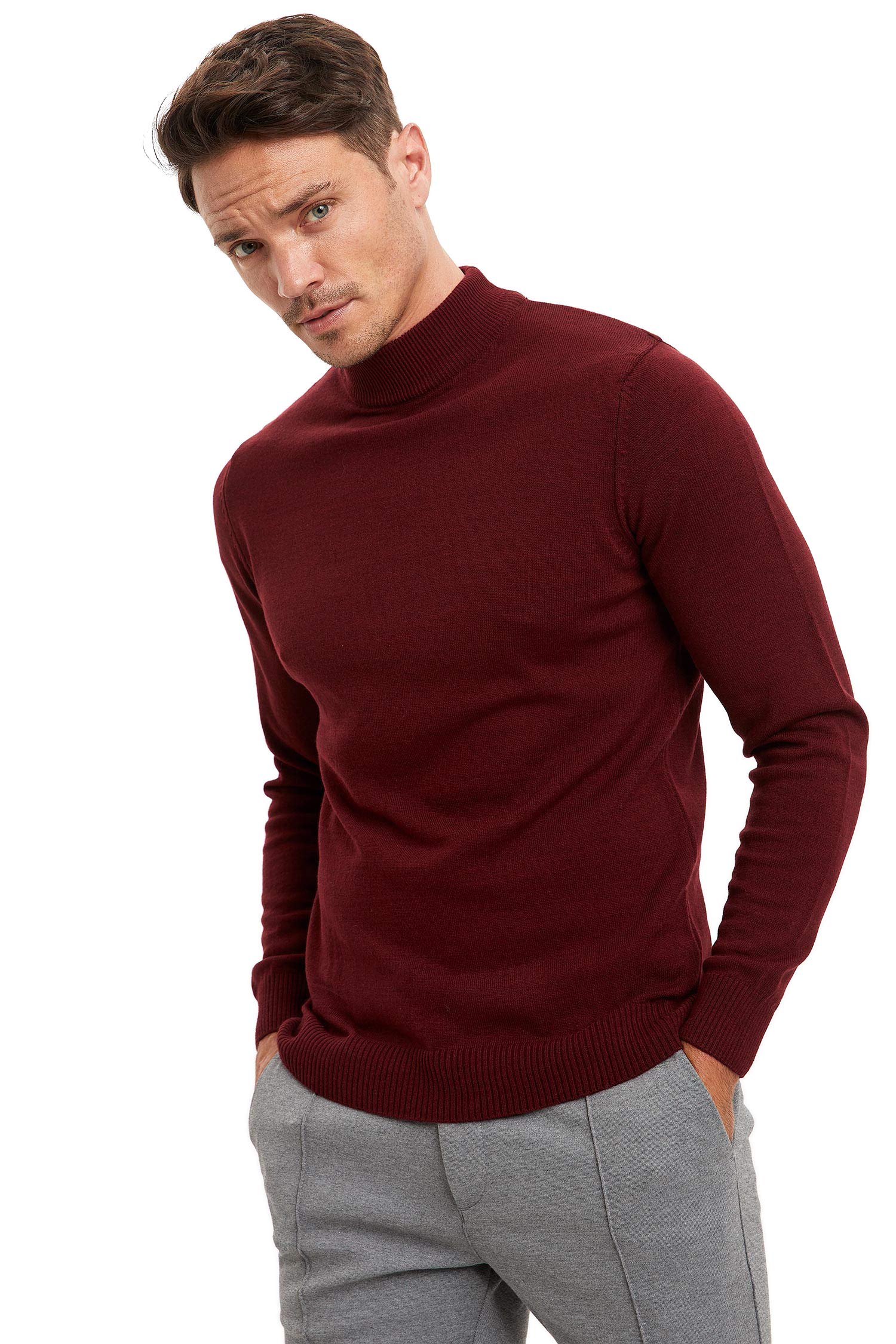 Balıkçı Yaka Slim Fit Triko Kazak Bordo S