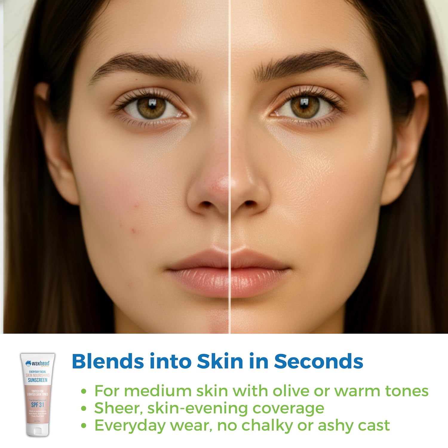 Waxhead Tinted Sunscreen for Face SPF 31, Mineral Formula with 25% Non-Nano Zinc Oxide, Unscented, Non-Comedogenic Sheer Glow BB Cream Moisturizer & Makeup Primer (Medium Tint 4 oz)