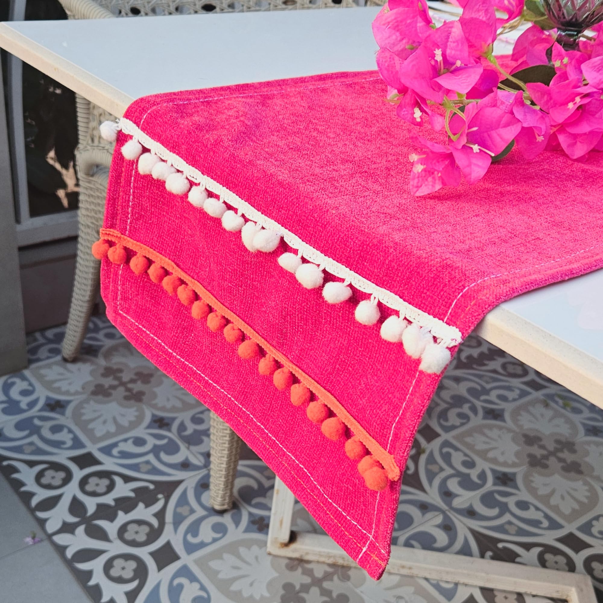 WWW.THROWPILLOW.IN Pink Solid Table Runner with Pom Pom Polyester Fabric for Dining Living Room Bedroom Decor Thick Durable Decorative Runner (12x48 Inches Long, Pink) 1