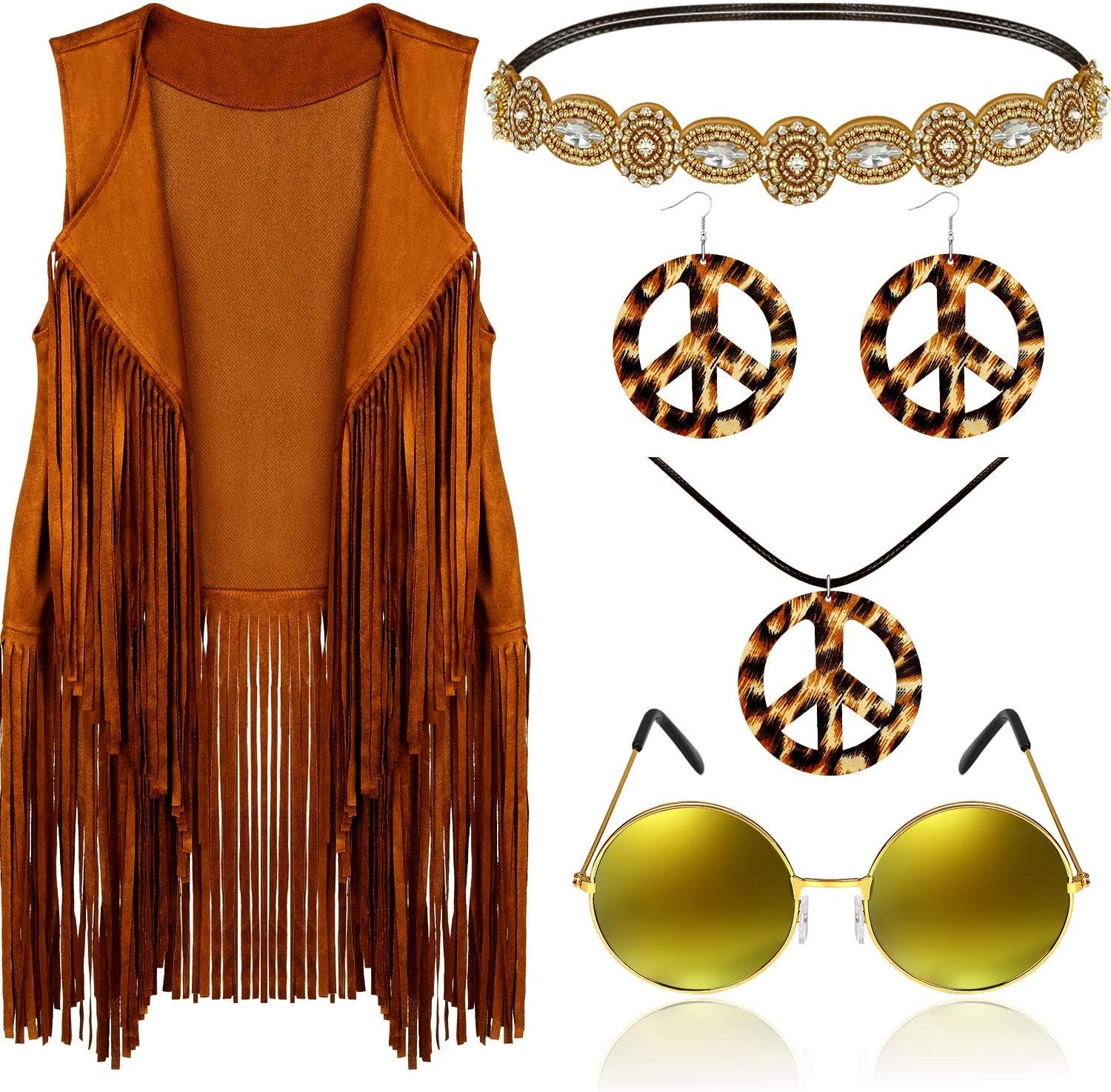 Frienda 6 Pcs 60s 70s Outfit for Women Hippie Halloween Costume Set Peace Sign Earring Headband Fringe Vest Tassel Cardigan