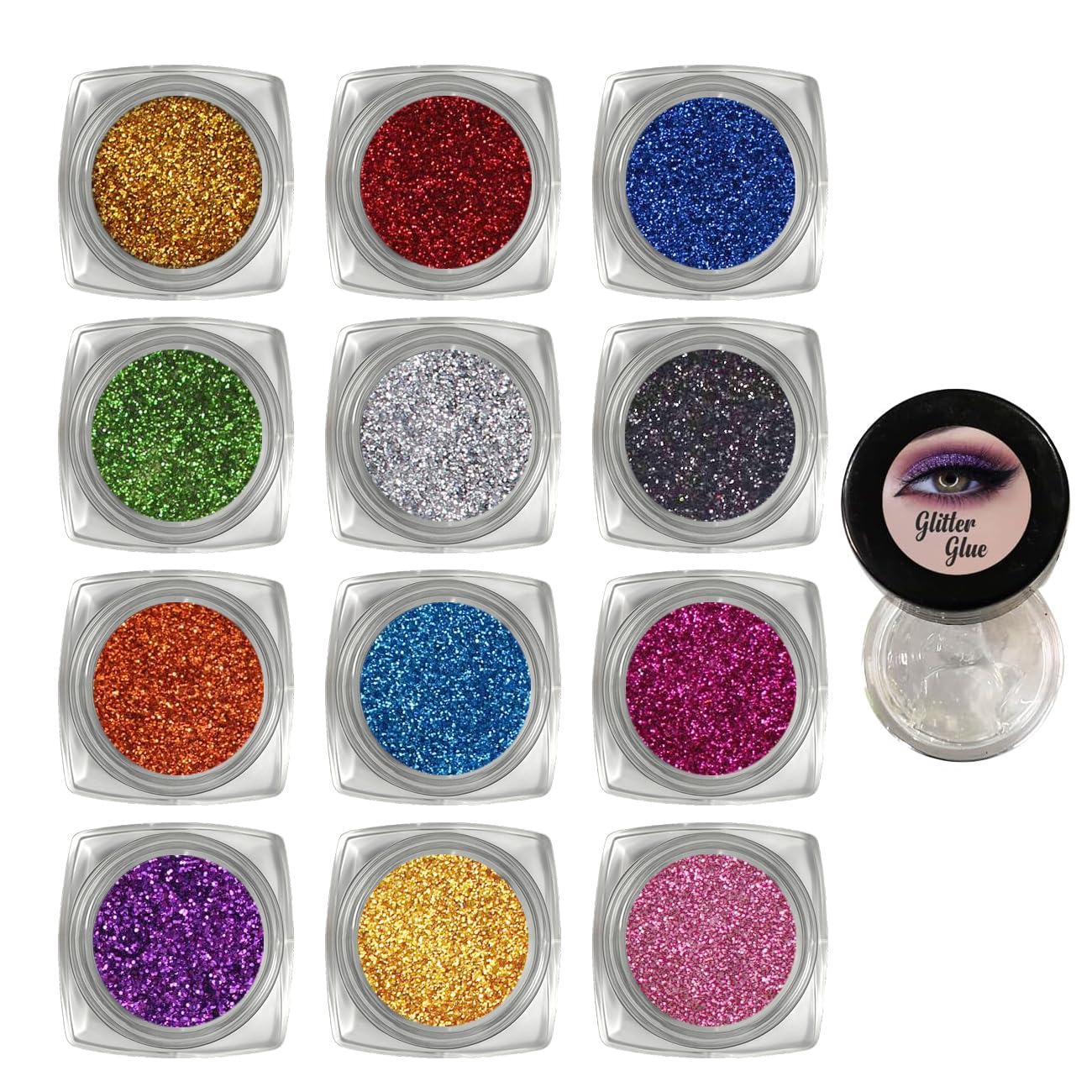 Vizo 12 Colors Eyeshadow Glitter Powder with Glitter Glue | Chunky & Fine Pressed Glitter Eye Shadow Palette | Shimmery Matte Multicolor Pigment Powder for Makeup, Party, Festival, Girls, Women