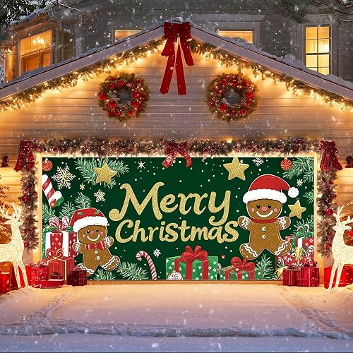 IVN Merry Christmas Garage Door Banner Decoration Gingerbread 13x6 ft