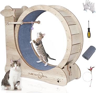 Cat Exercise Wheel, 33.9" Cat Running Wheel for Indoor Cat with Cat Scratching Board and Teaser Toy, Cat Treadmill Wheel with Locking Mechanism, Cat Exercise Wheel - Cats Weight Loss and Health
