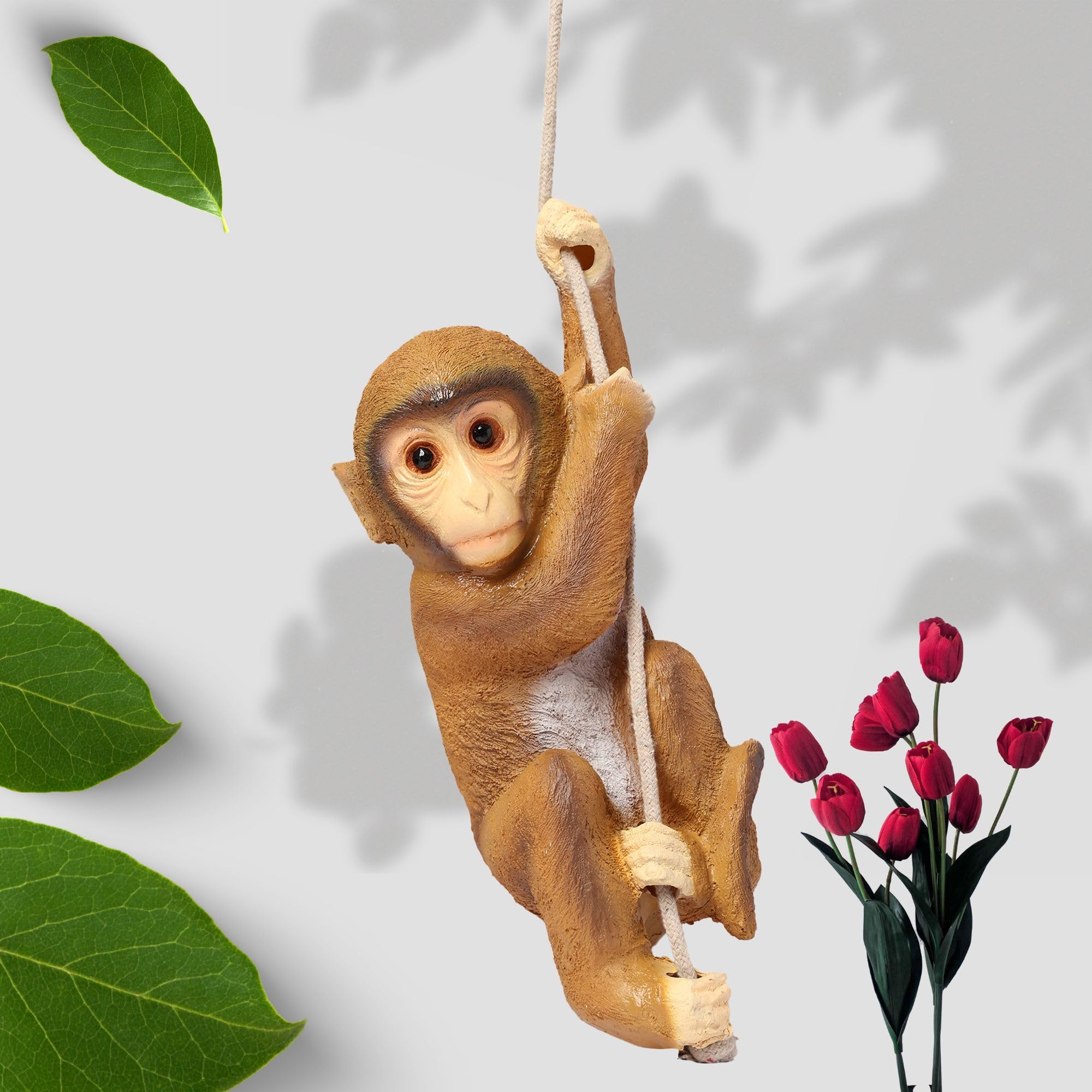 Hanging Monkey with Jute Rope for Garden, Home and Balcony Decor Resin Monkey Climbing Hanging Animal Statue with Rope showpiece, Suitable for Gifting Brown
