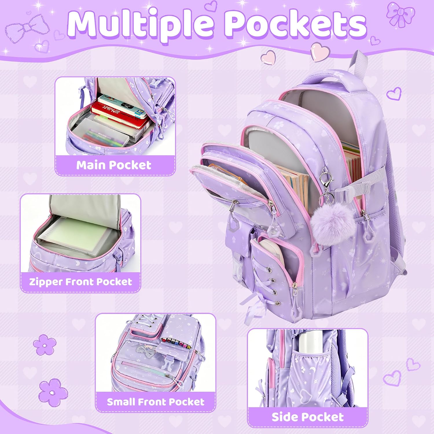 Girls Backpack with Lunch Box Set, 4 PCS Purple Kawaii School Bookbag image 3