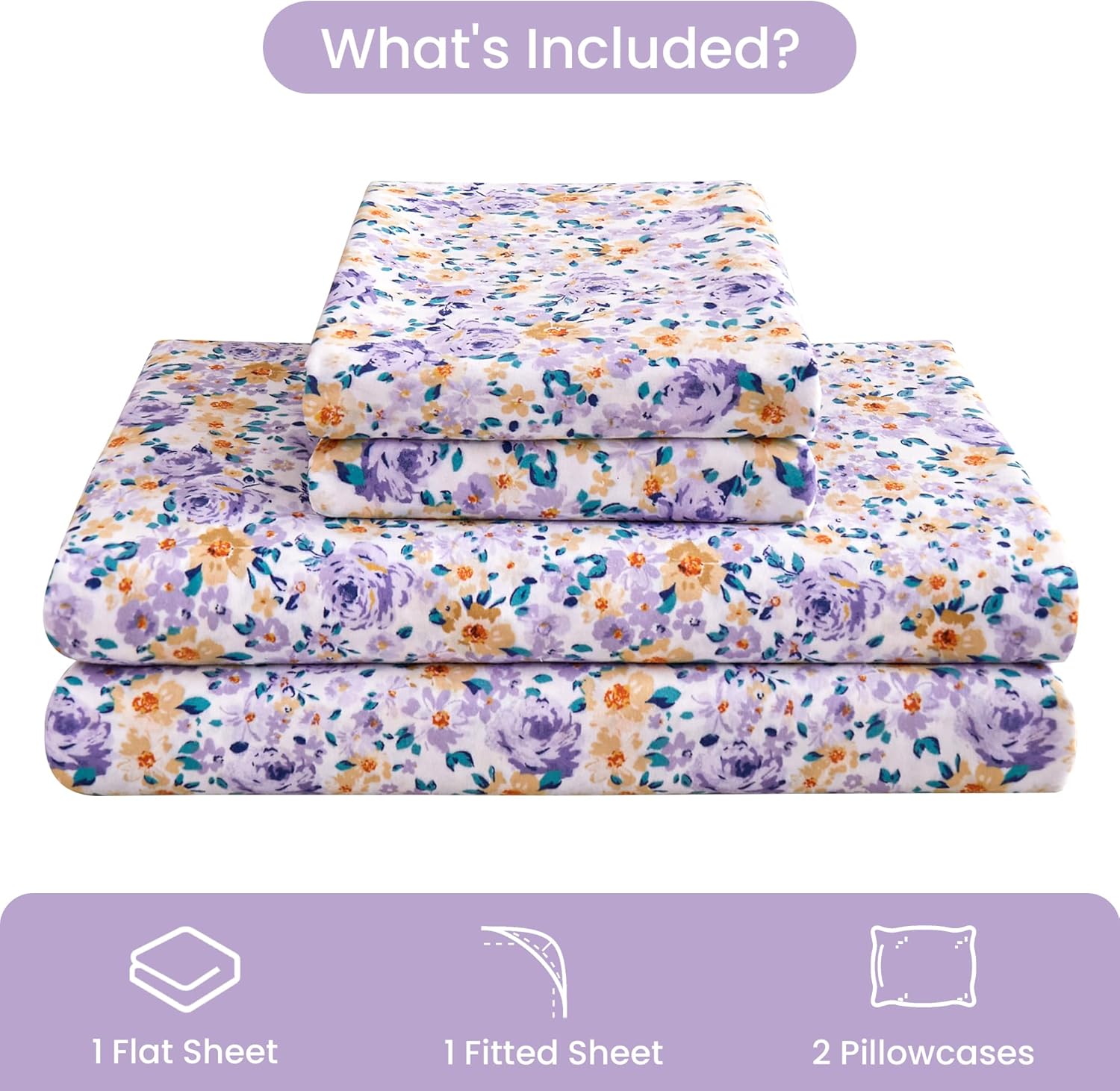 Mooreeke Floral Queen Bed Sheets, Soft Microfiber Printed Bedding Sheets & Pillowcases, Deep Pocket Non-Slip Vintage Queen Sheet, Purple Yellow Flower Pattern Bedsheets - Image 7