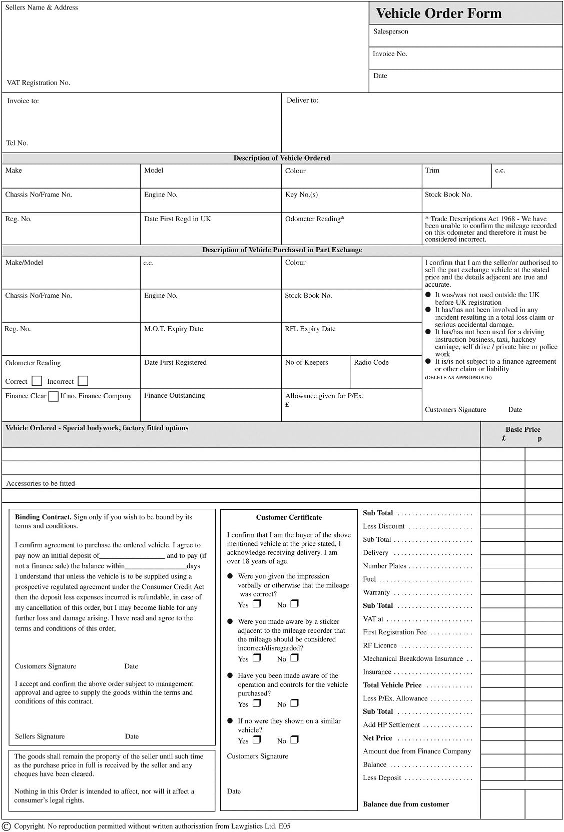 Legally Compliant - Used Car/Vehicle Order Form/Deposit Pad - Taking Deposit