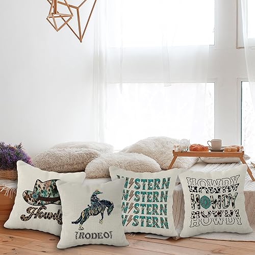 Miniatura 4 de Juego de 4 fundas de almohada retro occidentales con estampado de vaquera Howdy Rodeo, leopardo, turquesa, 18 x 18 pulgadas, regalos para