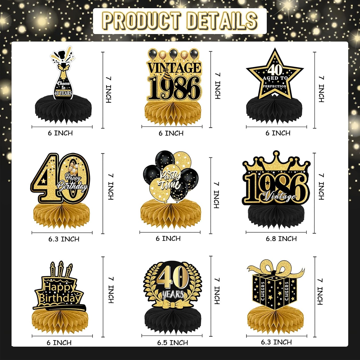 40th Birthday Party Decorations - 9Pcs 40th Birthday Honeycomb Centerpieces for Men Women, Black Gold Party Table Supplies Decorations Over the Hill Aged to Perfection Decor image 3