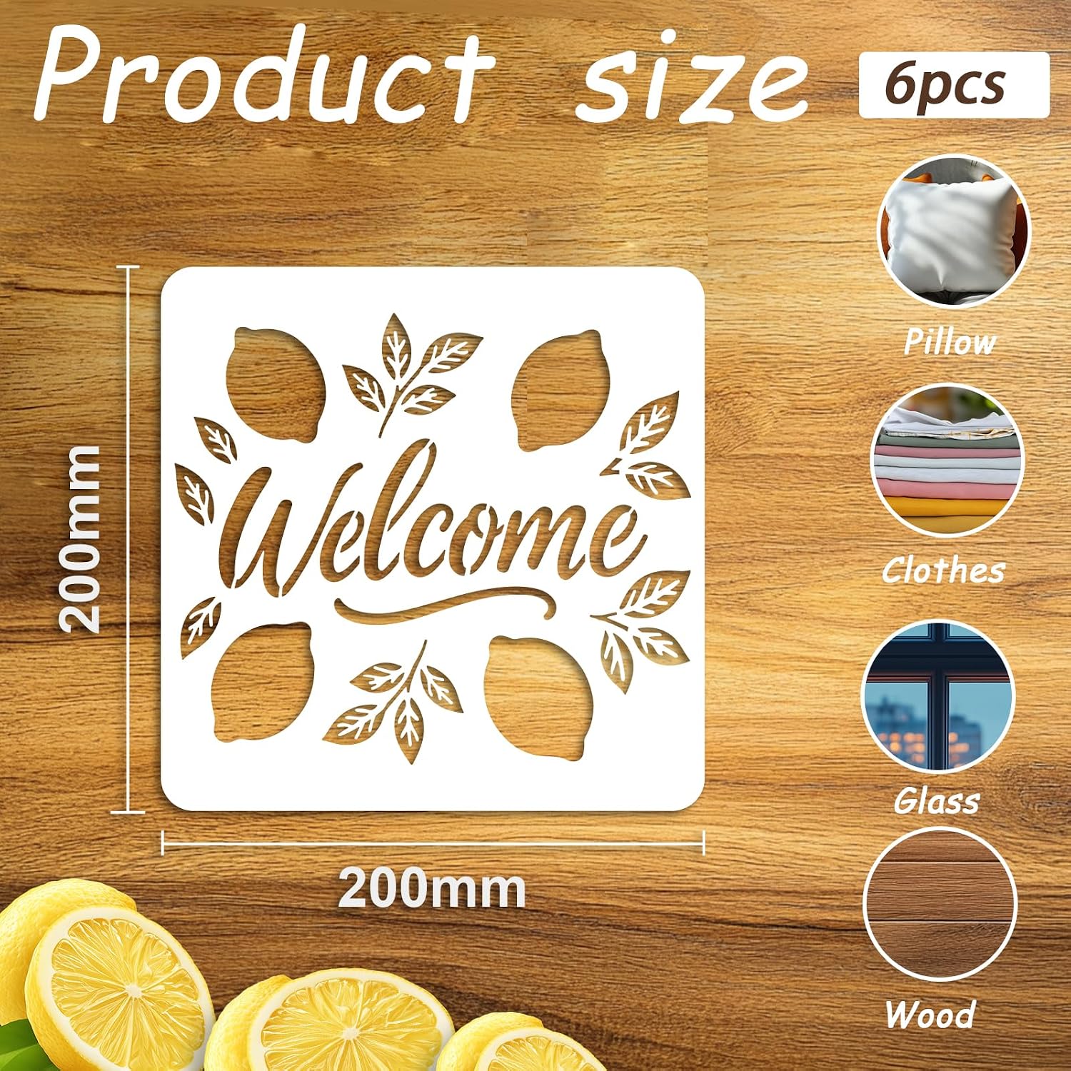 6Pcs Fruit Lemon Stencil Summer PET Painting Templates Inlay Border Stencils for Furniture Welcome Sign Reusable DIY Craft for Wall Wood Fabric Canvas Paper Home Decor 7.87inch