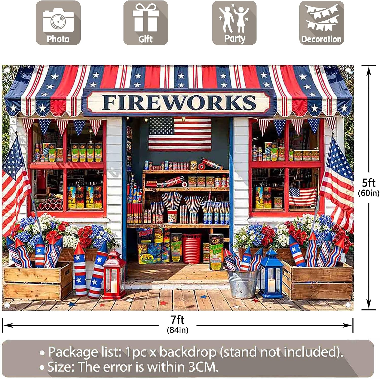 Fabric 7x5ft America Flag Fireworks Store Photography Backdrop Independence Day 4th of July Patriotic Memorial Background 250th Anniversary Party Decorations Photo Props