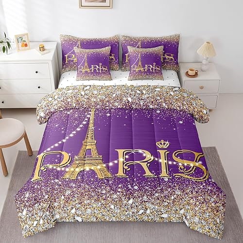 Erosebridal Eiffel Tower Comforter Set Queen for Girls Women,Glitter Purple Gold