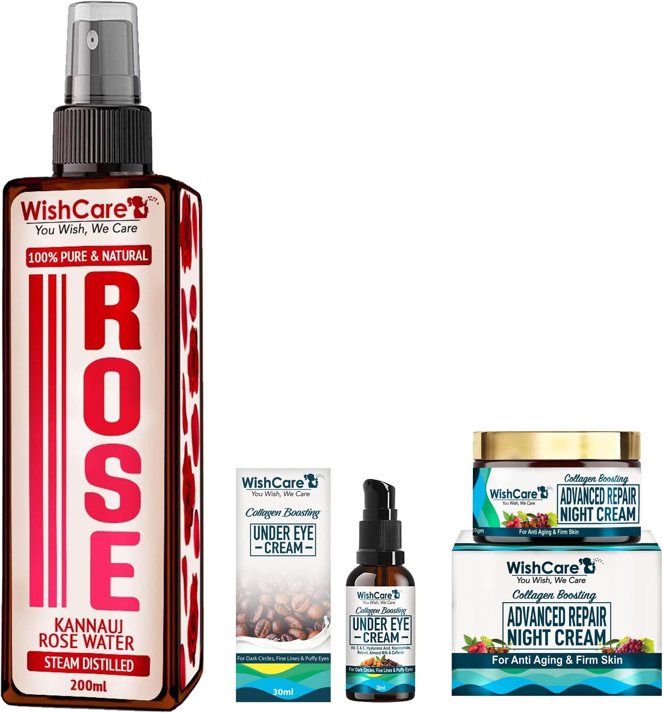 WishCare Collagen Boosting - Advance Repair Night Cream&WishCare ® Collagen Boosting Under Eye Cream &WishCare Rose Water