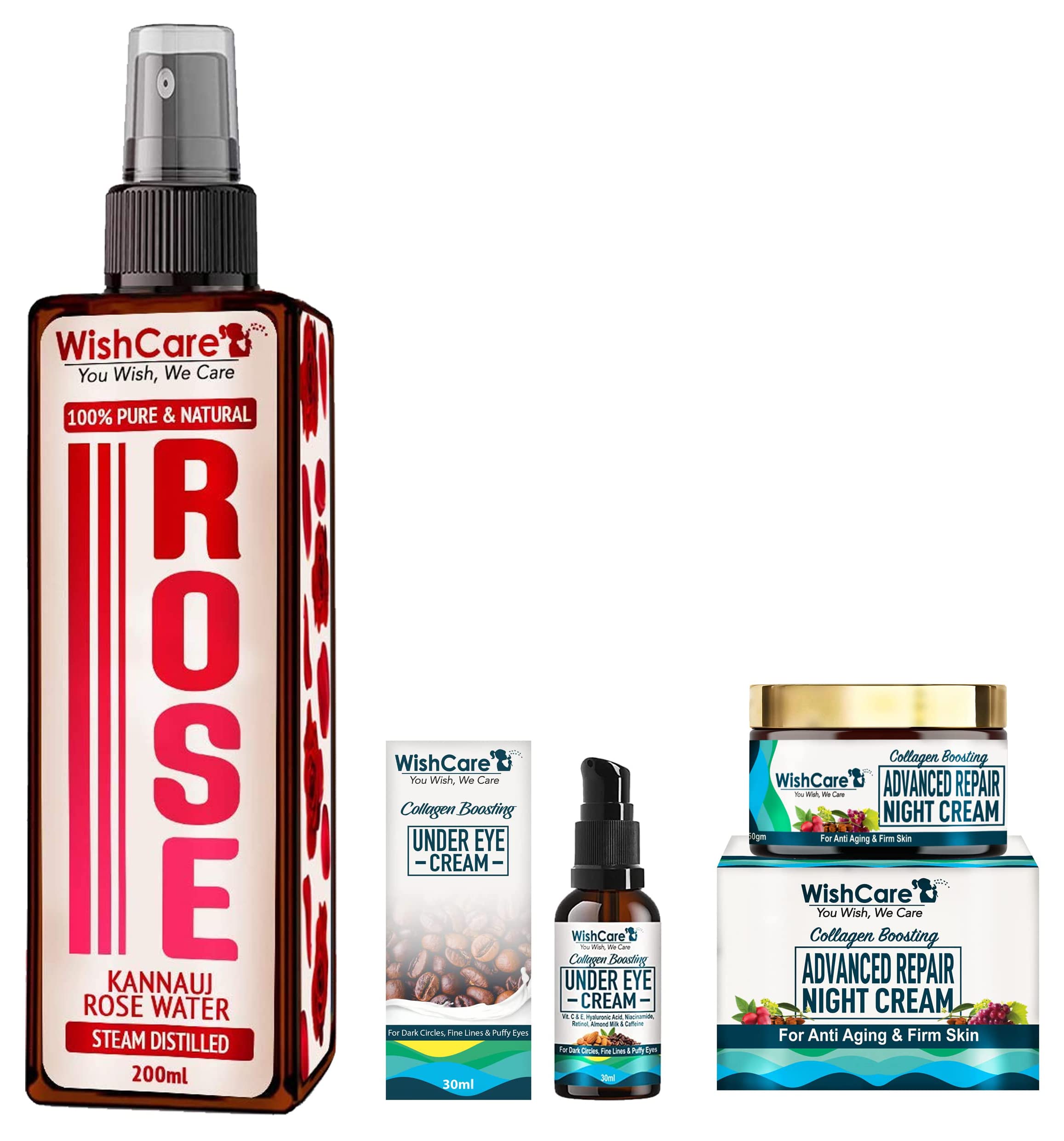 WishCare Collagen Boosting - Advance Repair Night Cream&WishCare ® Collagen Boosting Under Eye Cream &WishCare Rose Water