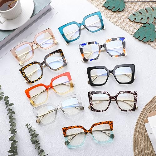 Miniatura 3 de Kingdder Paquete de 9 anteojos de gran tamaño para mujer, anteojos cuadrados con bloqueo de luz azul, elegantes anteojos de lectura para computadora