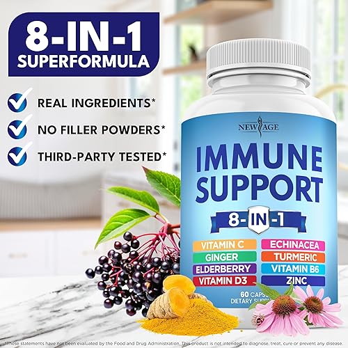 Miniatura 7 de NEW AGE Suplemento de refuerzo 8 en 1 de apoyo inmunológico con equinácea, vitamina C y zinc 50 mg, vitamina D 5000 UI, curcumina de cúrcuma y