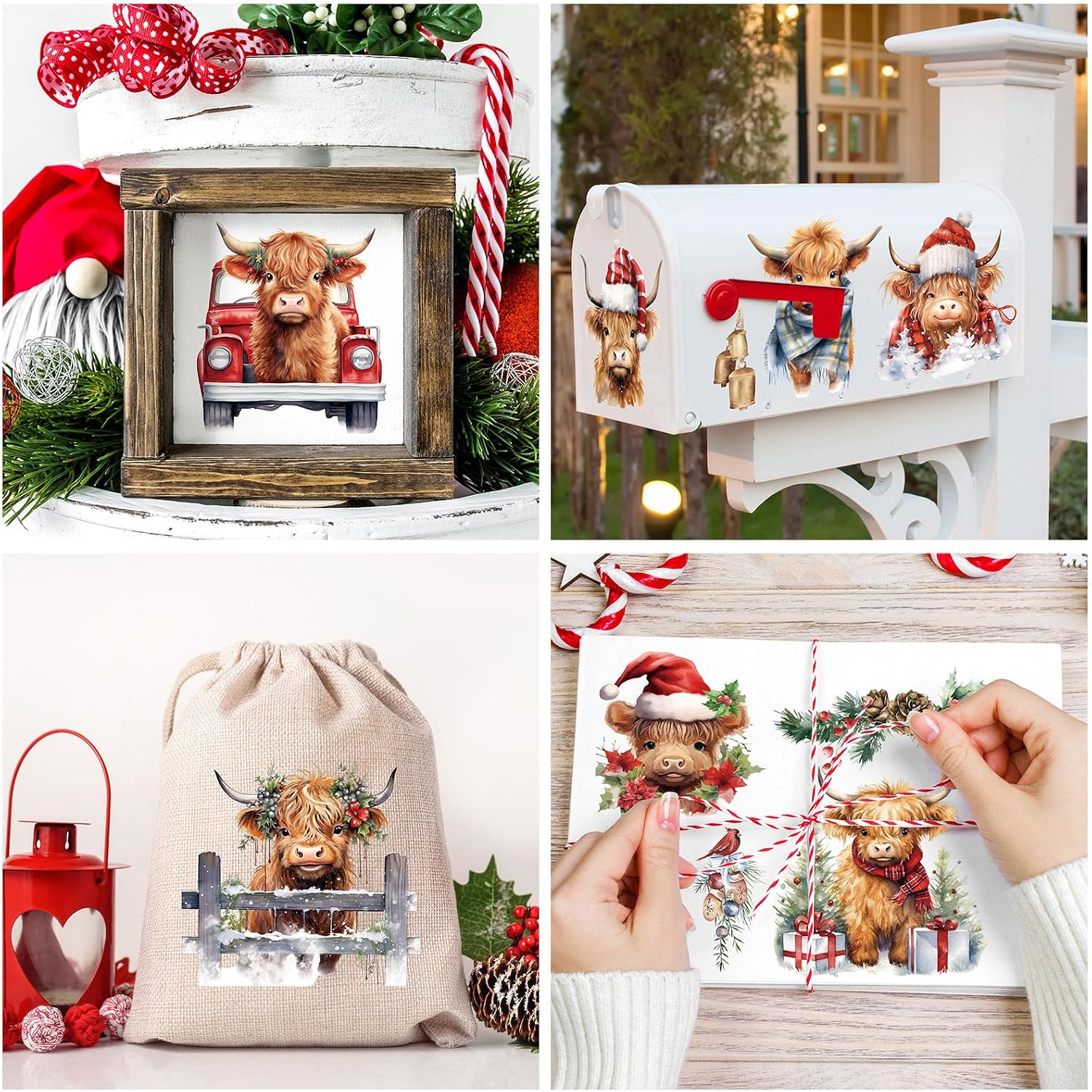 Whaline 12 Sheet Christmas Highland Cow Rub on Transfers Xmas Tree Gifts Cow Transfer Stickers Rustic Furniture Decals for Home Office Paper Wood DIY Crafts, 5.9 x 5.9 Inch