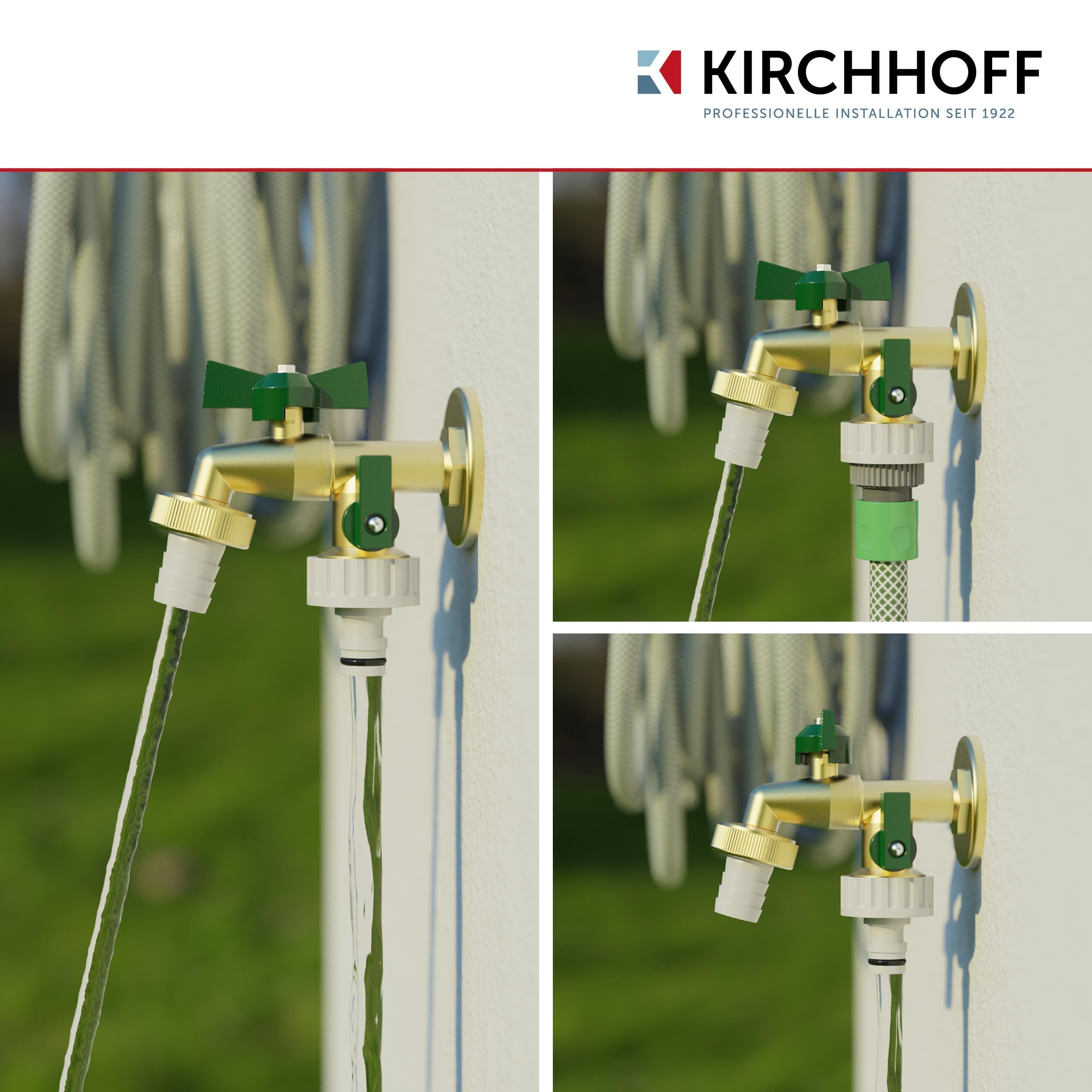 KIRCHHOFF 99720225 podwójny kran 3/4 cala x 1 cala x 1 cala, kran ogrodowy z 2 przyłączami, 2-drożny kran zewnętrzny do węża ogrodowego, kran odpływowy do piwnicy i ogrodu