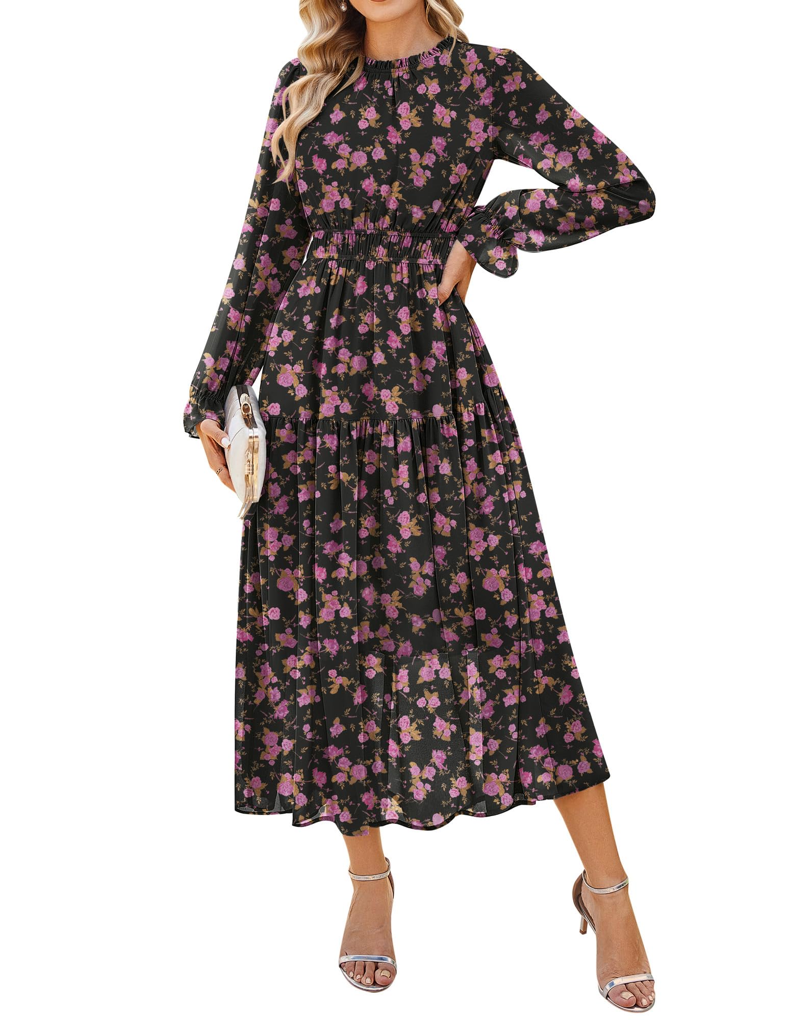 GRACE KARIN Kleid Damen Sommer Langarm A Linien Blumen Chiffon Maxikleid | Hochzeitsgast Kleid Elegante Rundhals Ausschnitt Festlich Party Cocktail Abendkleid Lang