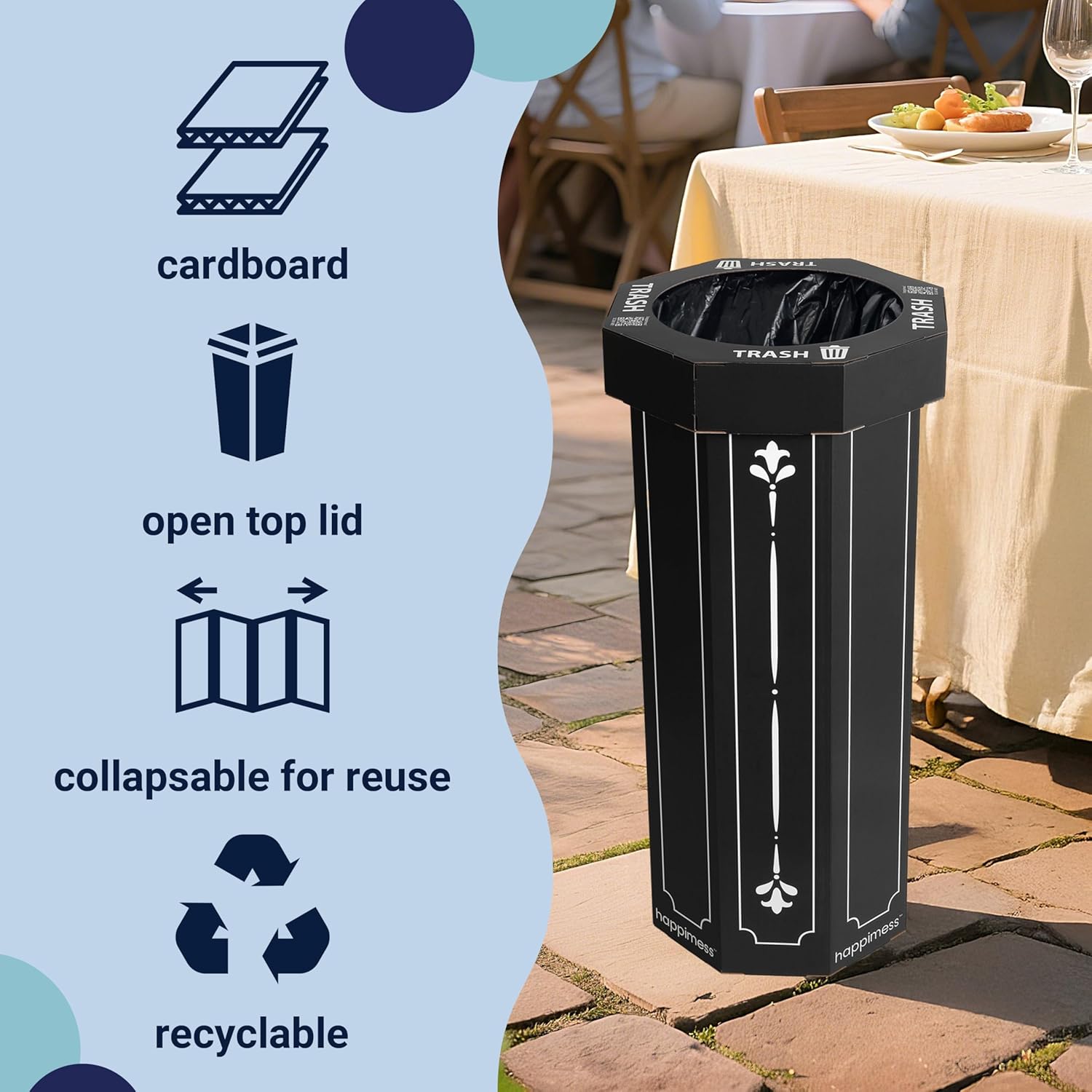 happimess HPM1301A-SET2 Fleur 25-Gallon Traditional Classic Disposable Corrugated Cardboard Event Trash Can and Recycling Bin for Home, Kitchen, Laundry Room, Bathroom, Bridal Black (Set of 2)