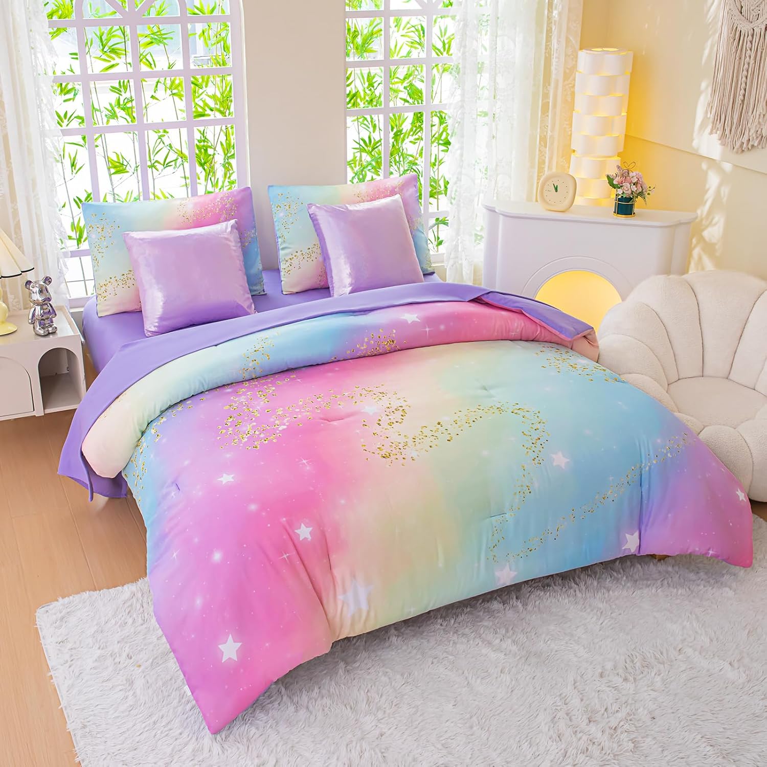 Rainbow Bedding Set Full Size – 7 Piece Reversible Girls Comforter with Deep-Pocket Sheet, Gradient Galaxy Design, Whole-Piece Filling, Machine Washable Bed-in-a-Bag for Kids Room Makeover & Gifts - Image 2