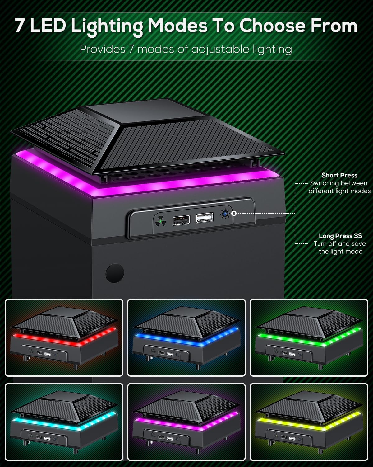 Ventola di raffreddamento RGB per Xbox Series X con filtro antipolvere e 7 modalità di luce LED RGB, velocità della ventola automatica regolabile in base alla temperatura, interruttore touch