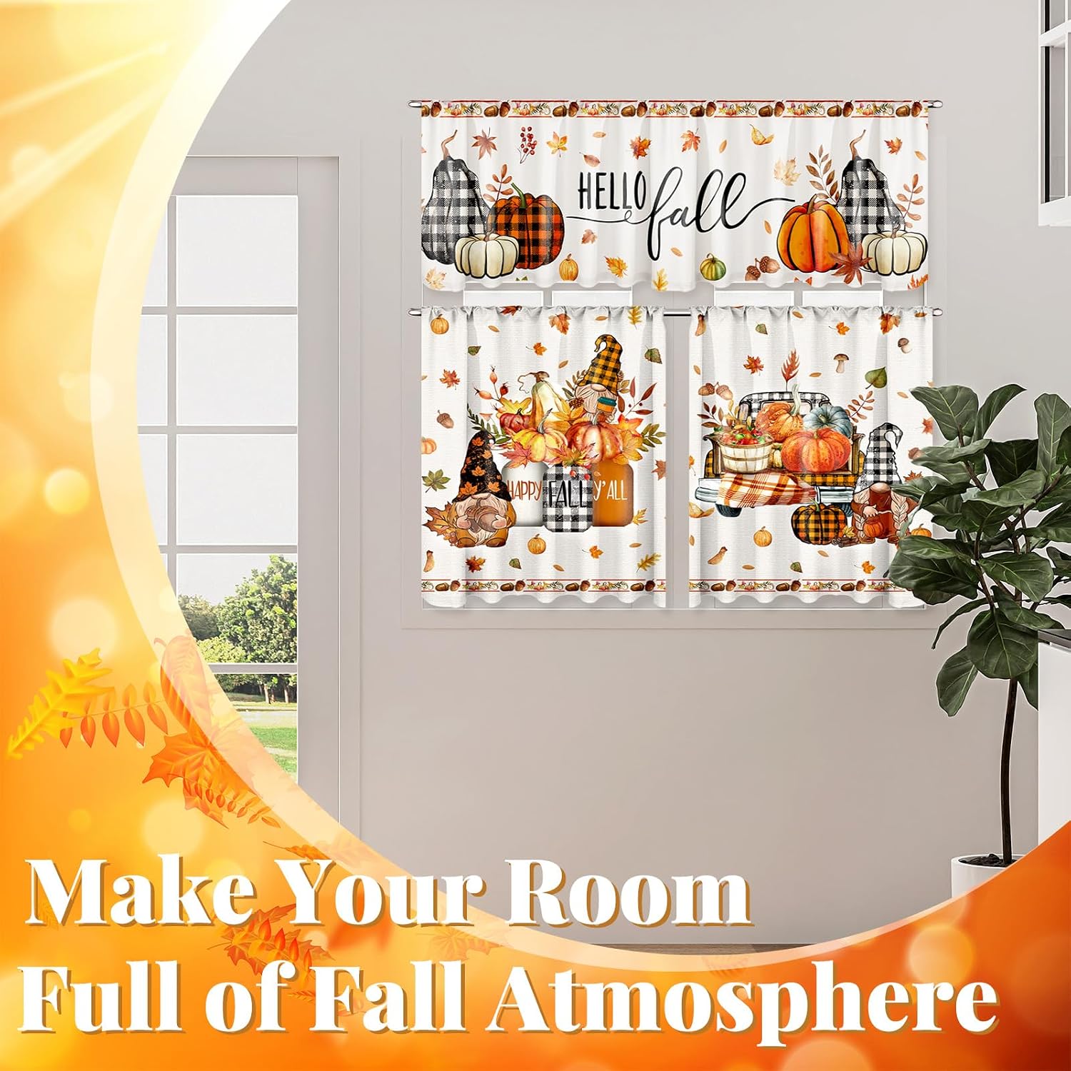 Breling 3 Pcs Fall Thanksgiving Buffalo Plaid Pumpkin Curtains Valances and Tiers Set for Windows Pumpkins Maple Leaf Kitchen Decor Short Curtain Set for Bedroom Treatment Decor Party Favor Supplies