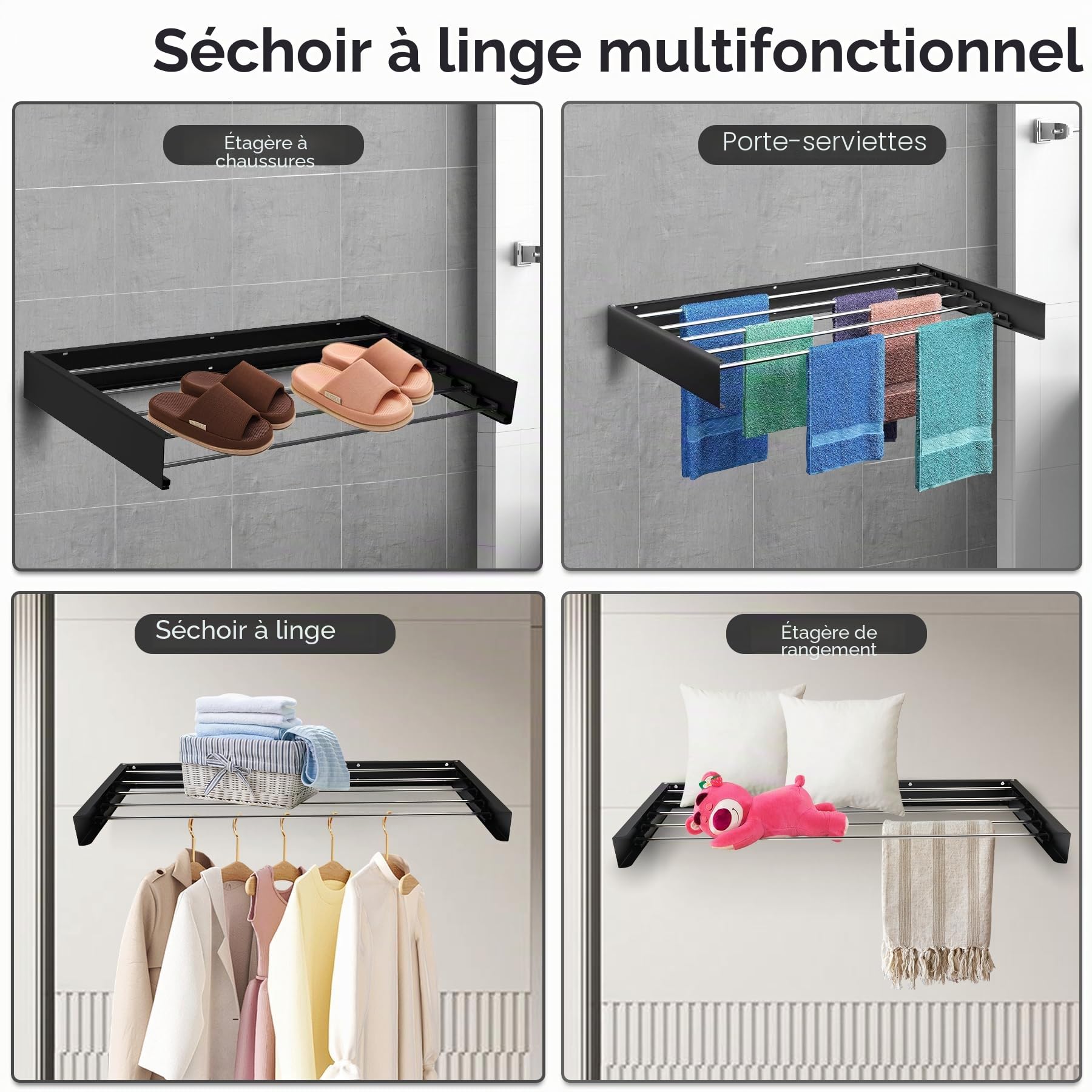 Séchoir à Linge Mural Extensible en Acier Inoxydable - 80 cm - Noir - Pliable - Montage Mural - Capacité de Charge de 50 kg - pour l'intérieur et l'extérieur - Balcon