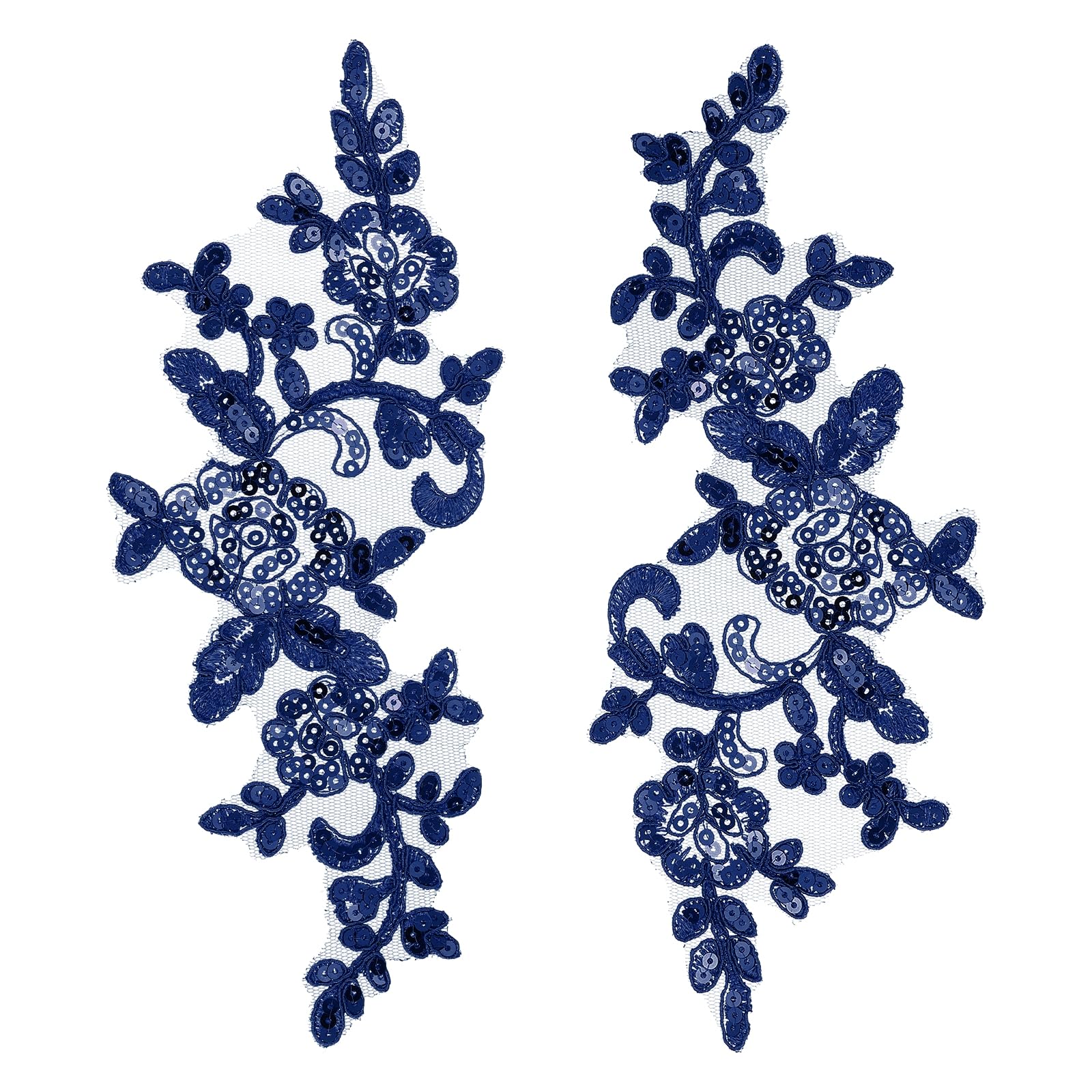 sourcing map 2 Pcs Flower Lace Appliques 3D Embroidery Lace Sequin Patch Sewing Addition Embellishments for Wedding Bridal Dress Clothes DIY Crafts Accessories Decoration, Navy Blue (24cm)