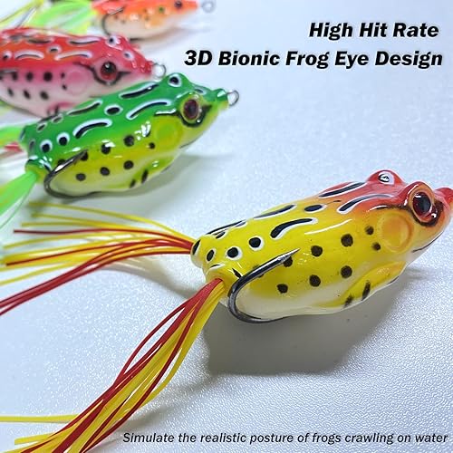 Miniatura 6 de Señuelo de rana Topwater, kit de señuelos de pesca para trucha, señuelos de rana realistas con ganchos sin hierbas, cebo flotante suave para agua