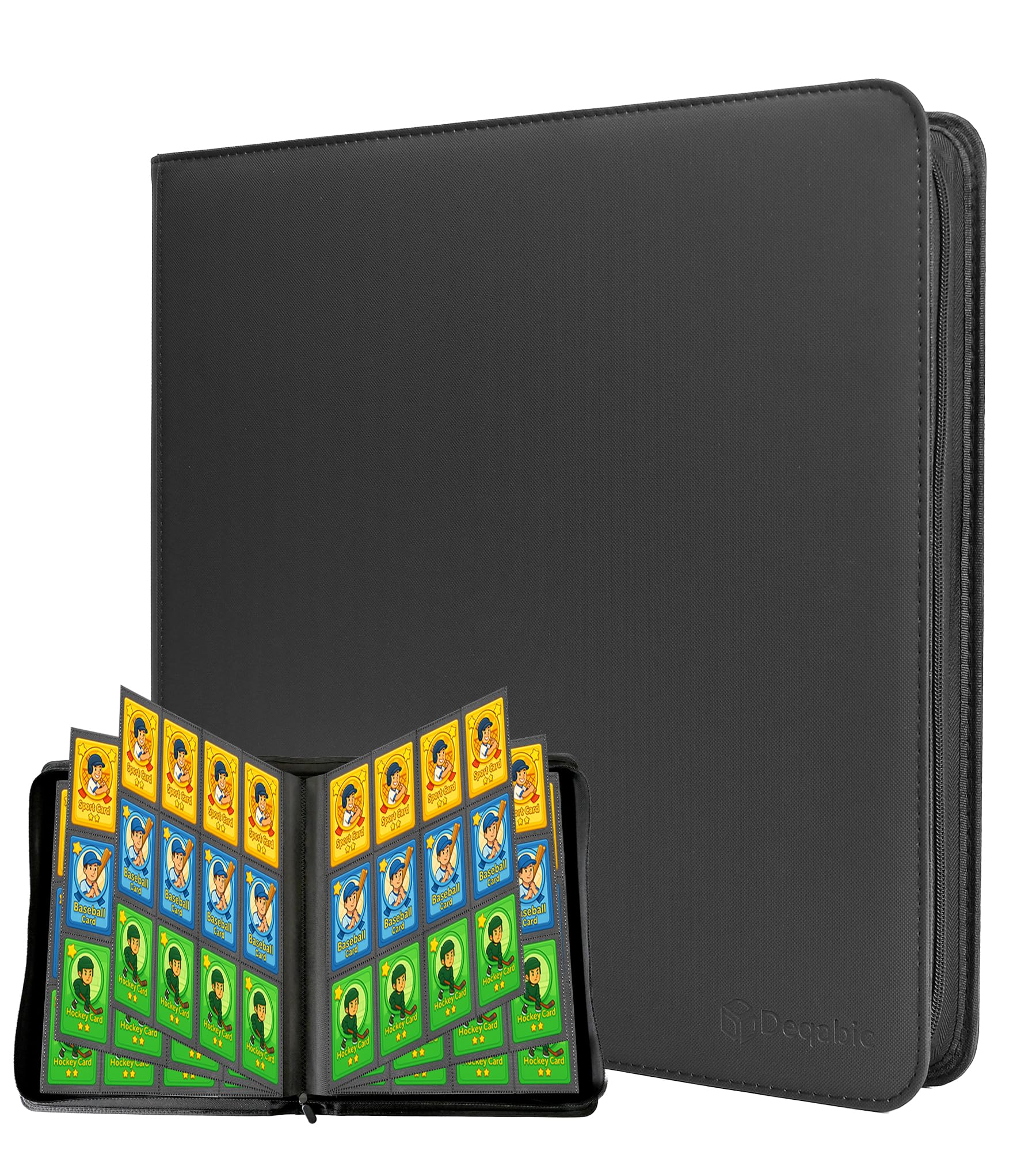 DEQADIC Kartenbinder 12 Taschen, 720 Sammelkarten Album Ordner, Seitliche Ladung, Ringlose Kartensammlung Binder für Sportspielkarten, Schwarz