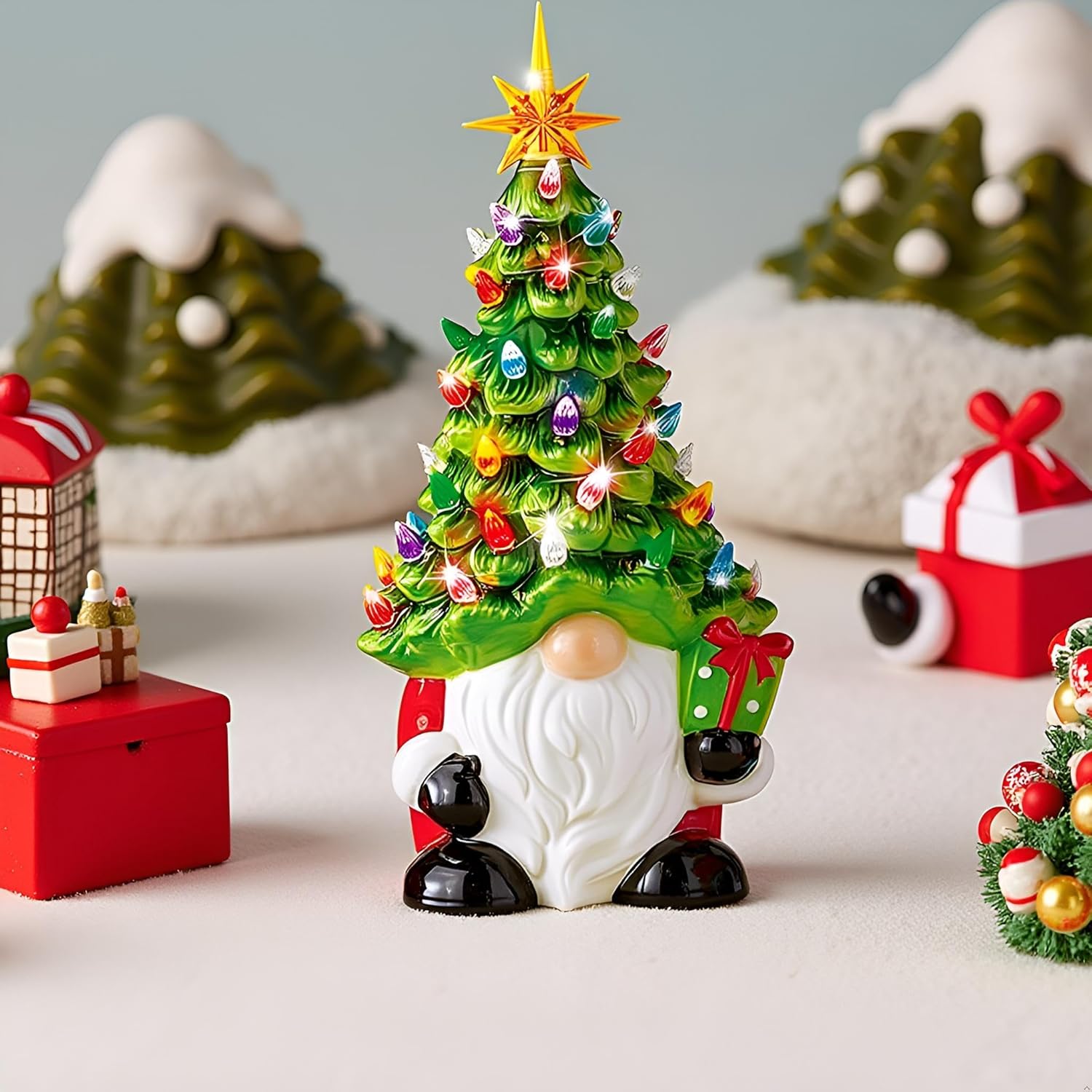 8 Inch Lighted Ceramic Gnome Christmas Tree, Glowing Tabletop Centerpiece for Home Xmas Holiday Decor