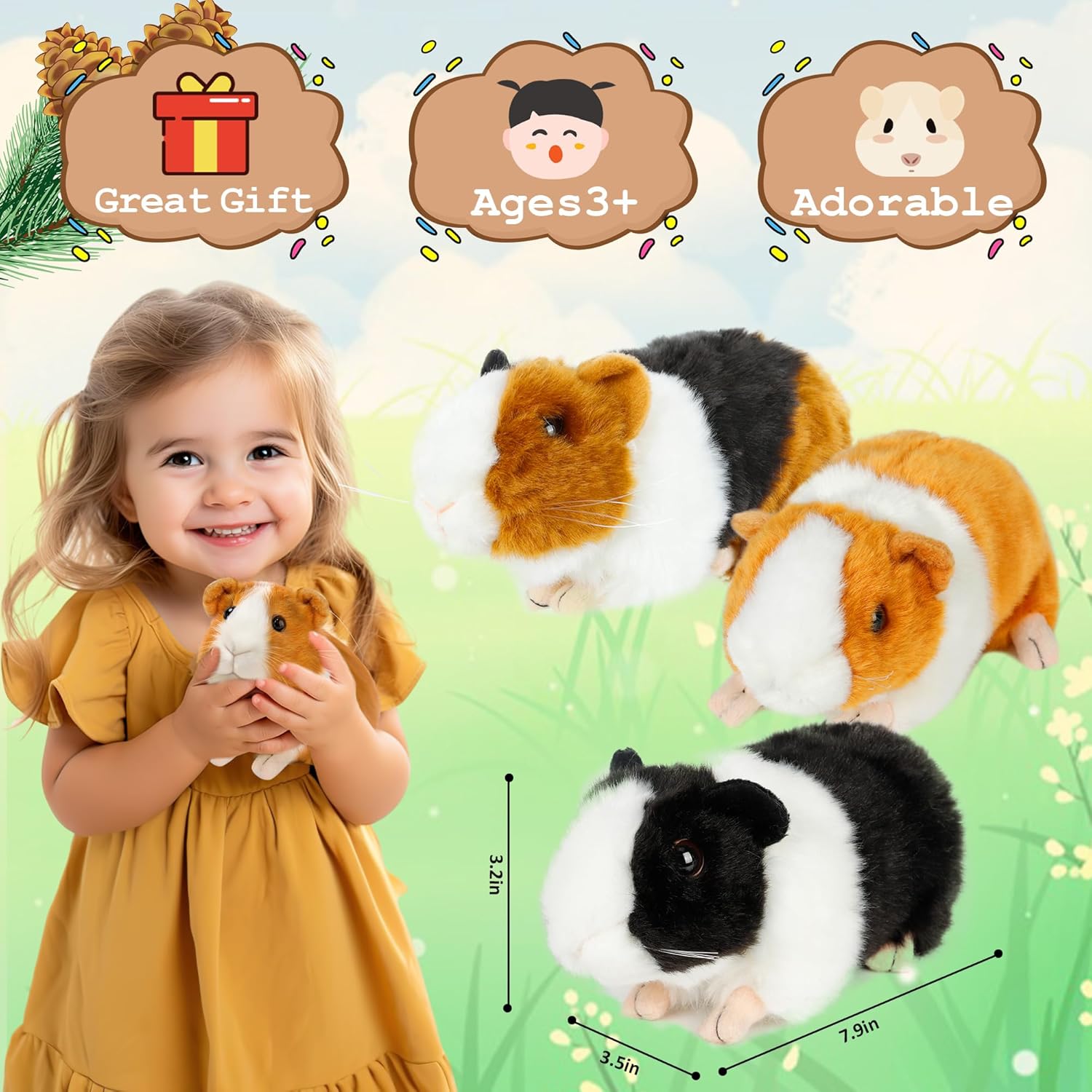 redaica 3pc Guinea Pig Stuffed Animals - Realistic Plush Cute Plushie Toys for Kids, Small Live Animals Pet Doll Toy for Boys Girls Birthday