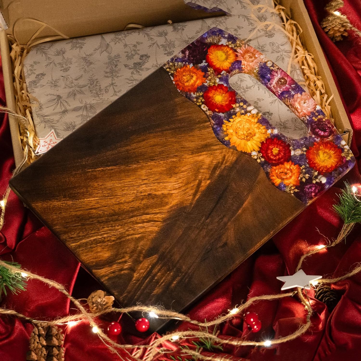 Handcrafted Walnut Wood Charcuterie Boards with Flowers Preserved, Personalized Charcuterie Board Set, Thoughtful Housewarming Gifts New Home, Decorative Charcuterie Board for Kitchen