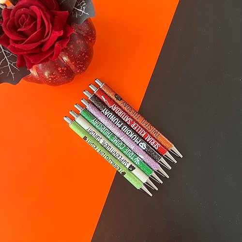 Miniatura 4 de Jxueych 7 bolígrafos de Halloween para el día de la semana, bolígrafos con purpurina con refranes divertidos, bolígrafos pasivos vibrantes y