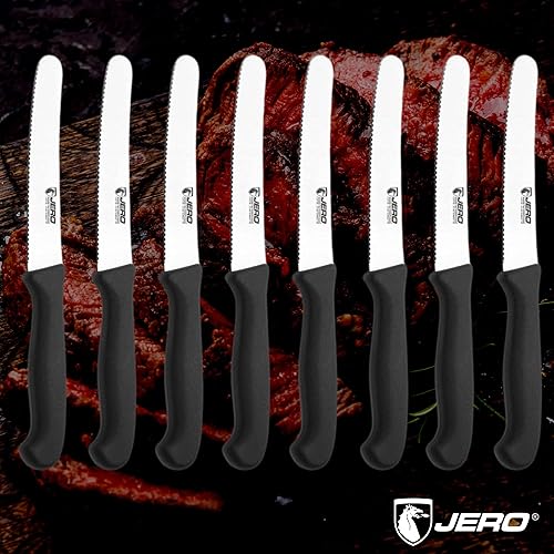 Miniatura 2 de Jero Juego de cuchillos para carne de 8 piezas para uso doméstico parrilla o restaurante borde dentado con punta redonda funciona en verduras frutas