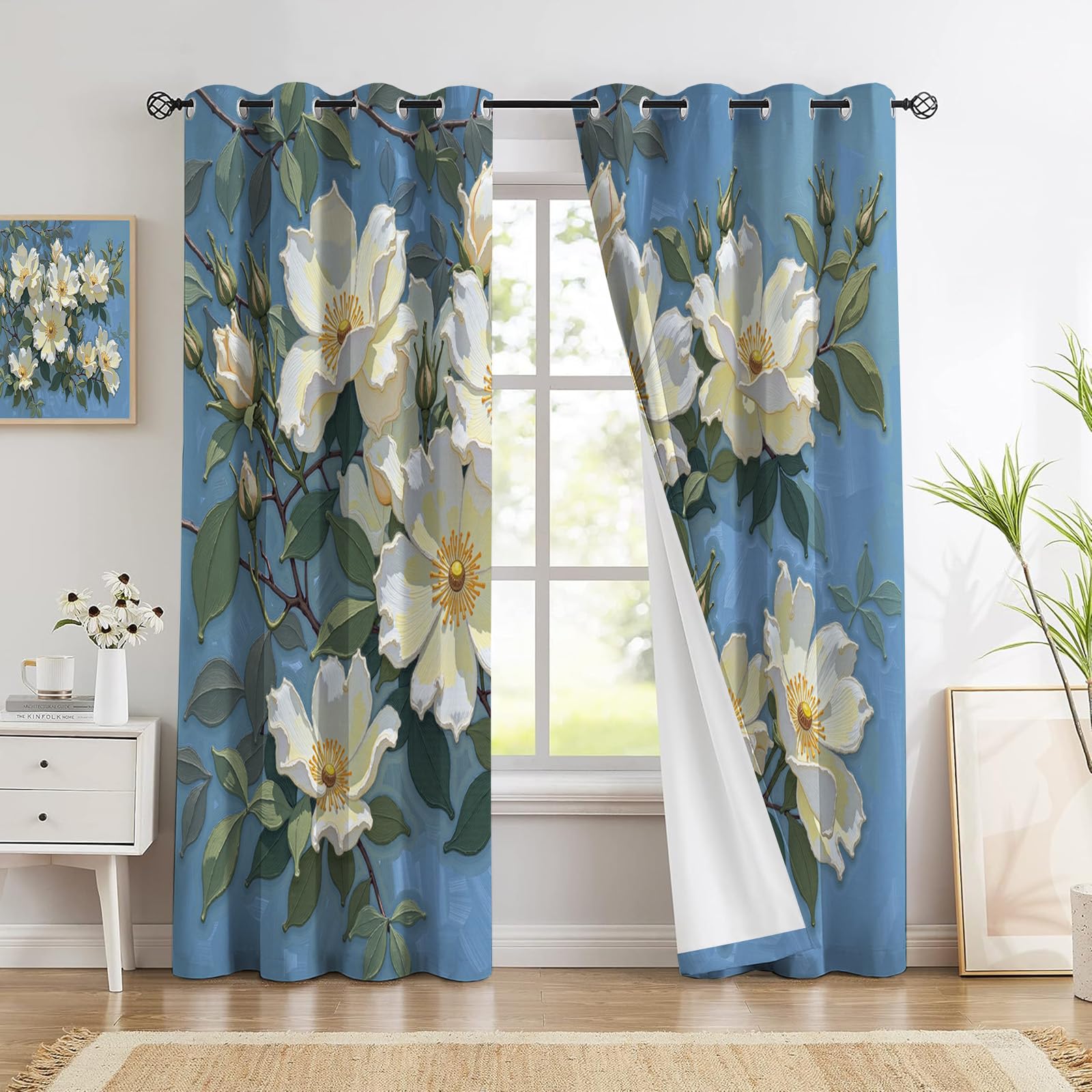 Rideaux isolants thermiques contre le froid avec motifs roses sauvages blanches