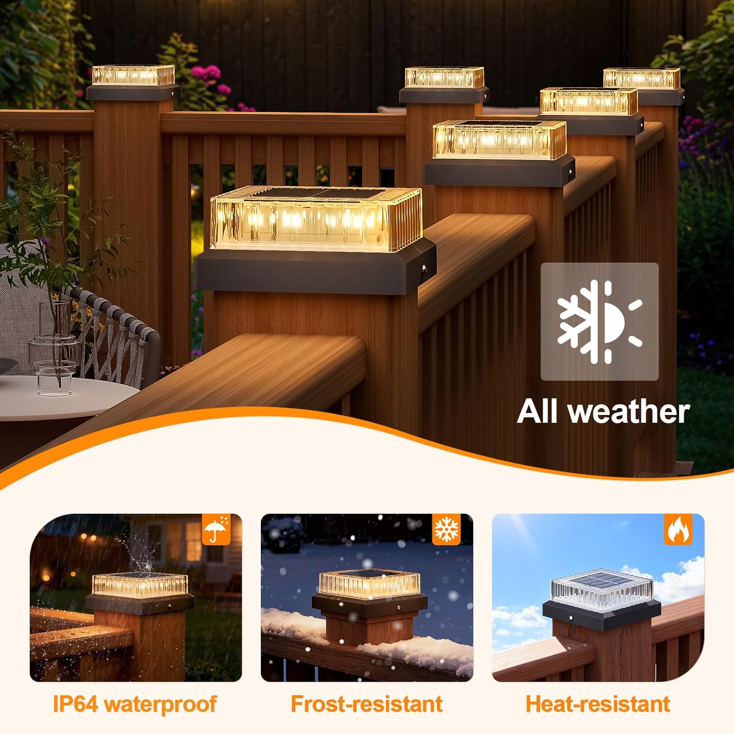 VOLISUN Solar Fence Post Cap Lights, 4x4 Solar Post Cap Lights for Fence Posts, Outdoor Post Lights Solar Powered Deck Post Lights for Outside, IP64 Waterproof Warm Light with Vertical Stripe Lens (12