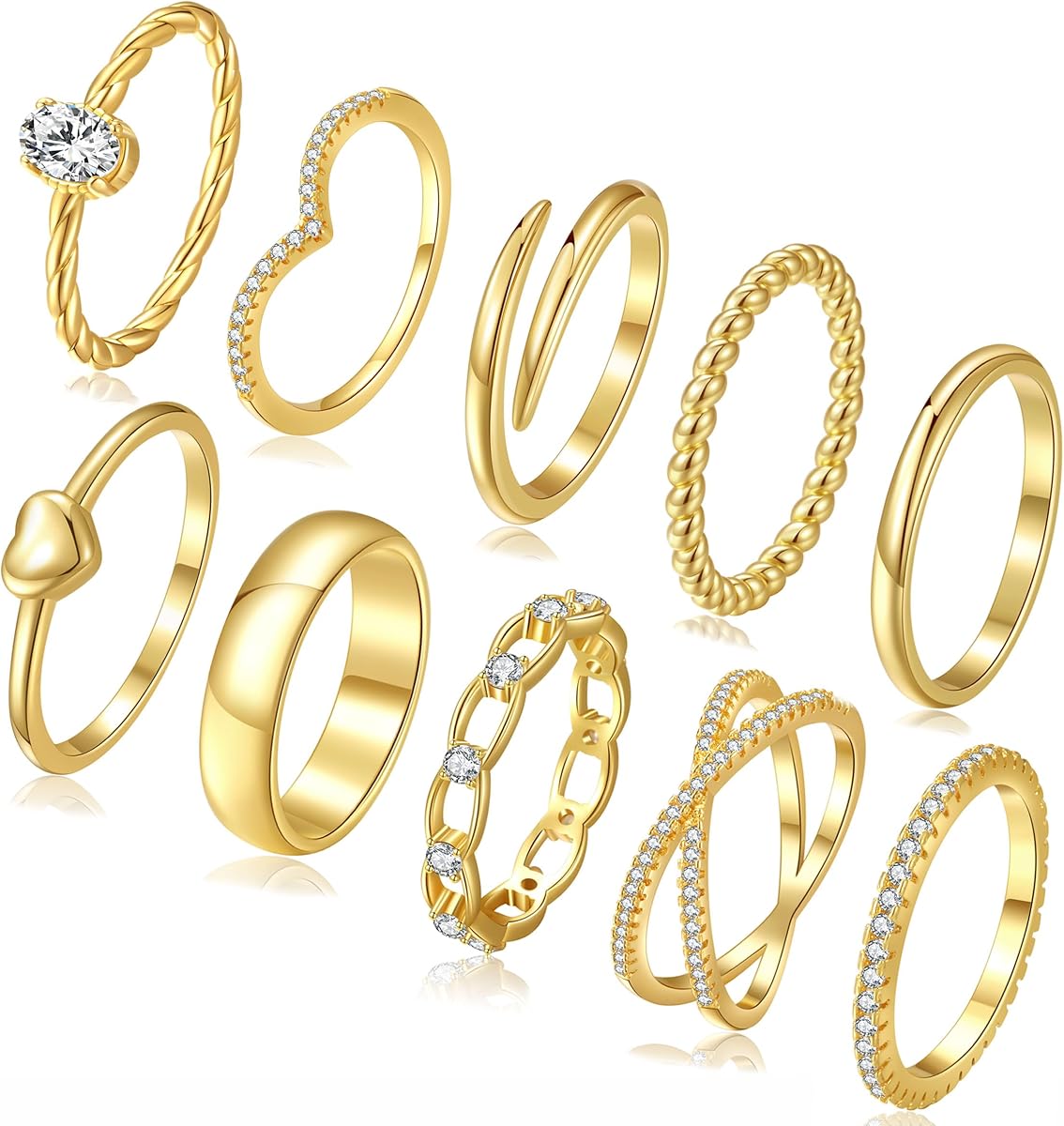 PLOMFOV Stackable Gold Rings for Women Non Tarnish 14K Gold/Silver Plated Stacking Dainty Thumb Cubic Zirconia Ring Stack Set Pack Statement Promise Wedding Bands Engagement Rings for Women Size 5-12