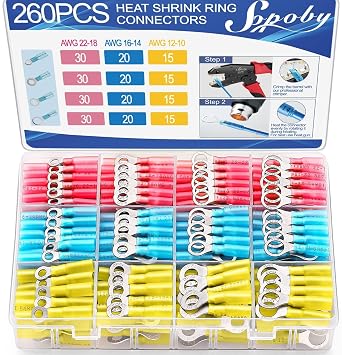 260PCS Heat Shrink Ring Terminals, Sopoby Marine Grade Ring Connectors Tinned Red Copper 16-14 22-18 12-10 Gauge3 Colors/4 Sizes, #10,1/4",5/16",3/8" Insulated Ring Crimp Terminals