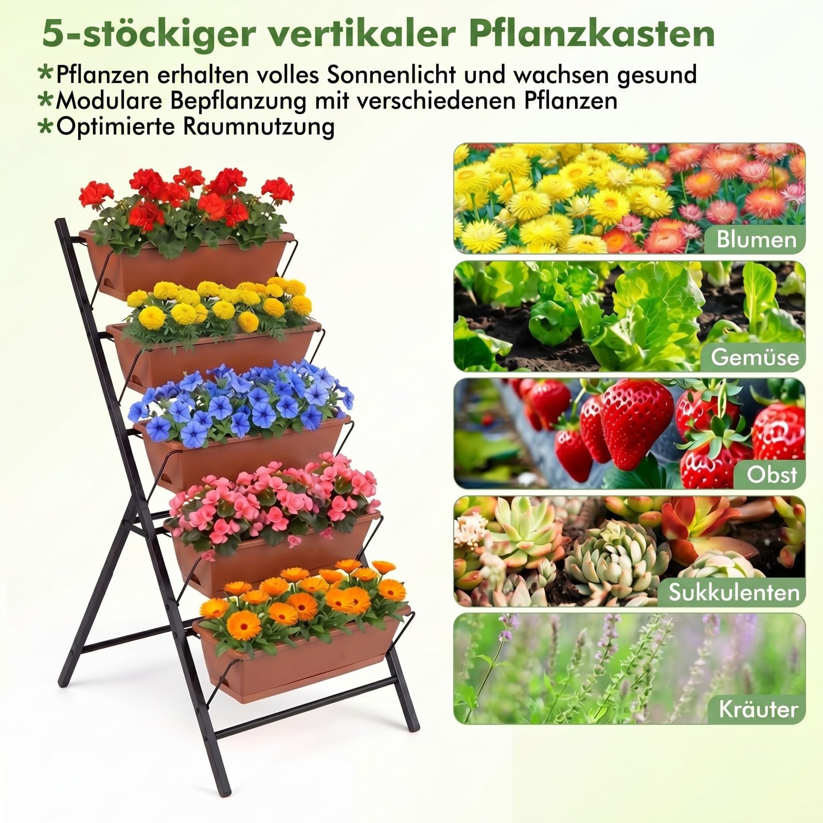 COSTWAY 5-stufiges Hochbeet, vertikales Pflanzenbeet mit 5 Blumenkästen & Drainagelöchern, Vertikalbeet freistehend, Blumentreppe für Gemüse Kräuter Blumen, 57 x 71 x 115 cm (Rot)