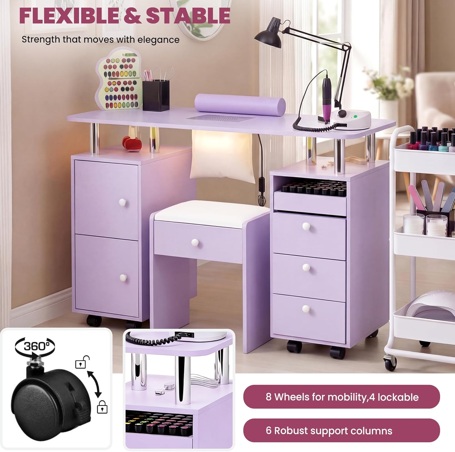 Close-up of the desk's rolling wheels, showing a 360-degree rotation and a lock mechanism. Also shows the robust support columns.