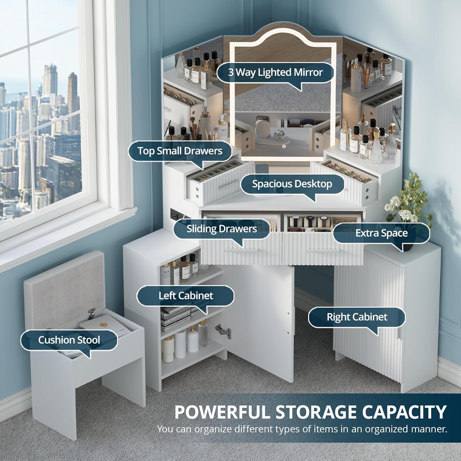FURSUN Fluted Makeup Vanity Desk with HD 3 Way Mirror and Lights, 51" Large Corner Vanity Table with Charging Station, Dressing Table with 4 Drawers & 2 Storage Cabinets for Bedroom, White