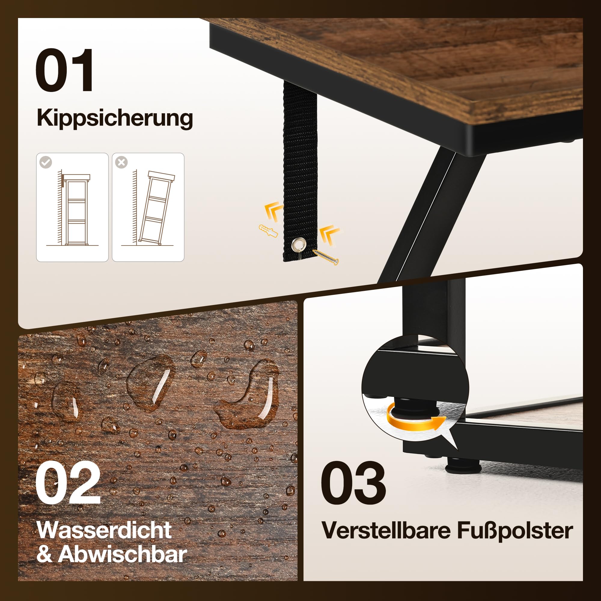 Pamapic Konsolentisch, 105cm Schmaler Konsolentisch,Schmaler Flurtisch Marmo mit 6 Ablagen, Sofa-Beistelltisch für Eingang, Flur, Foyer, Wohnzimmer, industriell, Schwarz+Retro