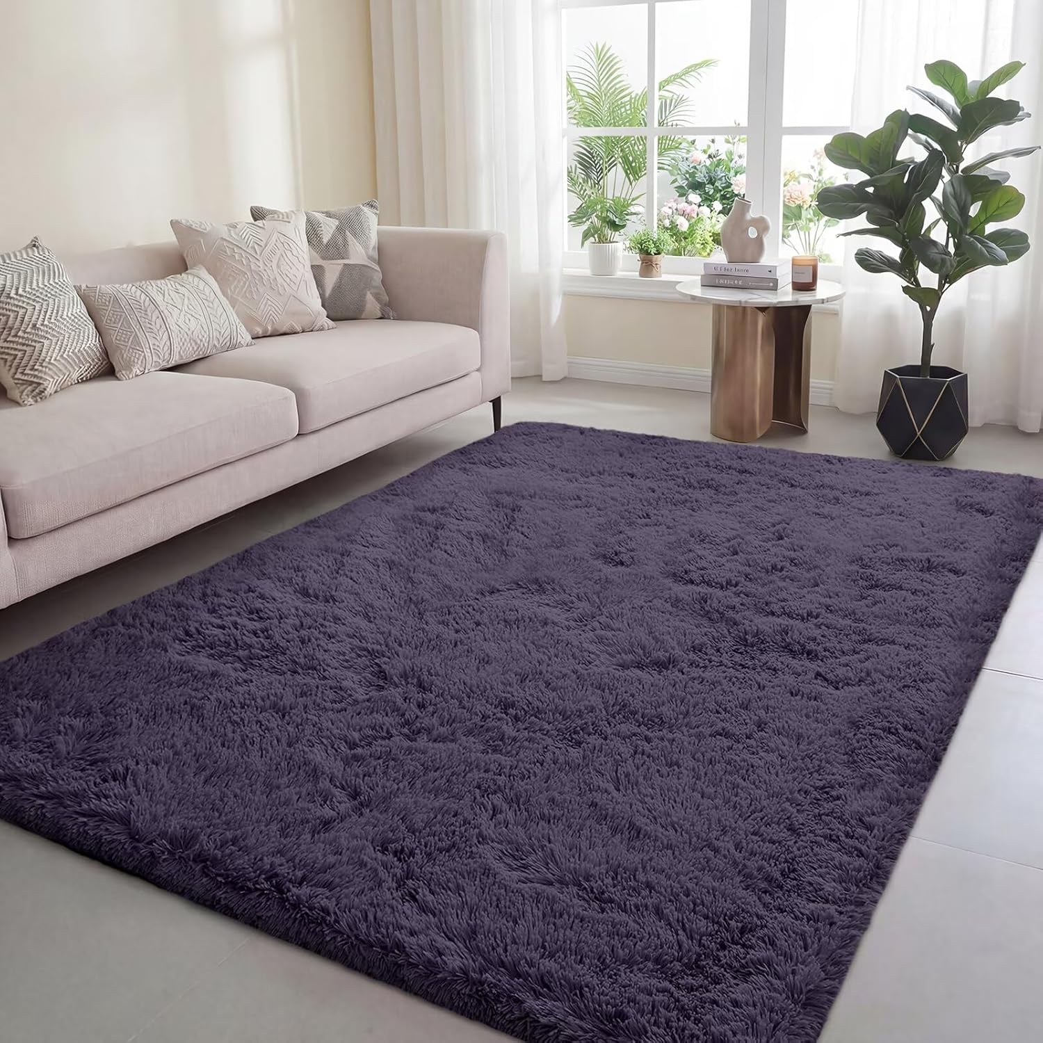 Poboton 6x9 Machine Washable Area Rugs for Living Room, Bedroom, Soft Fluffy Shaggy,Indoor Floor Carpet for Kids, Dorms, Nursery, Home Decor Aesthetic, Purple