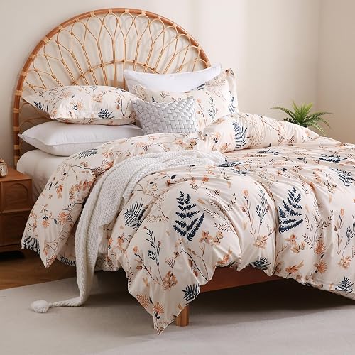 JSD 3 Piece Boho Floral Printed Duvet Cover Set Queen Size | Soft Botanical Microfiber Duvet Cover with Pillow Shams, Zipper Closure Corner Ties, Oeko-Tex Certified
