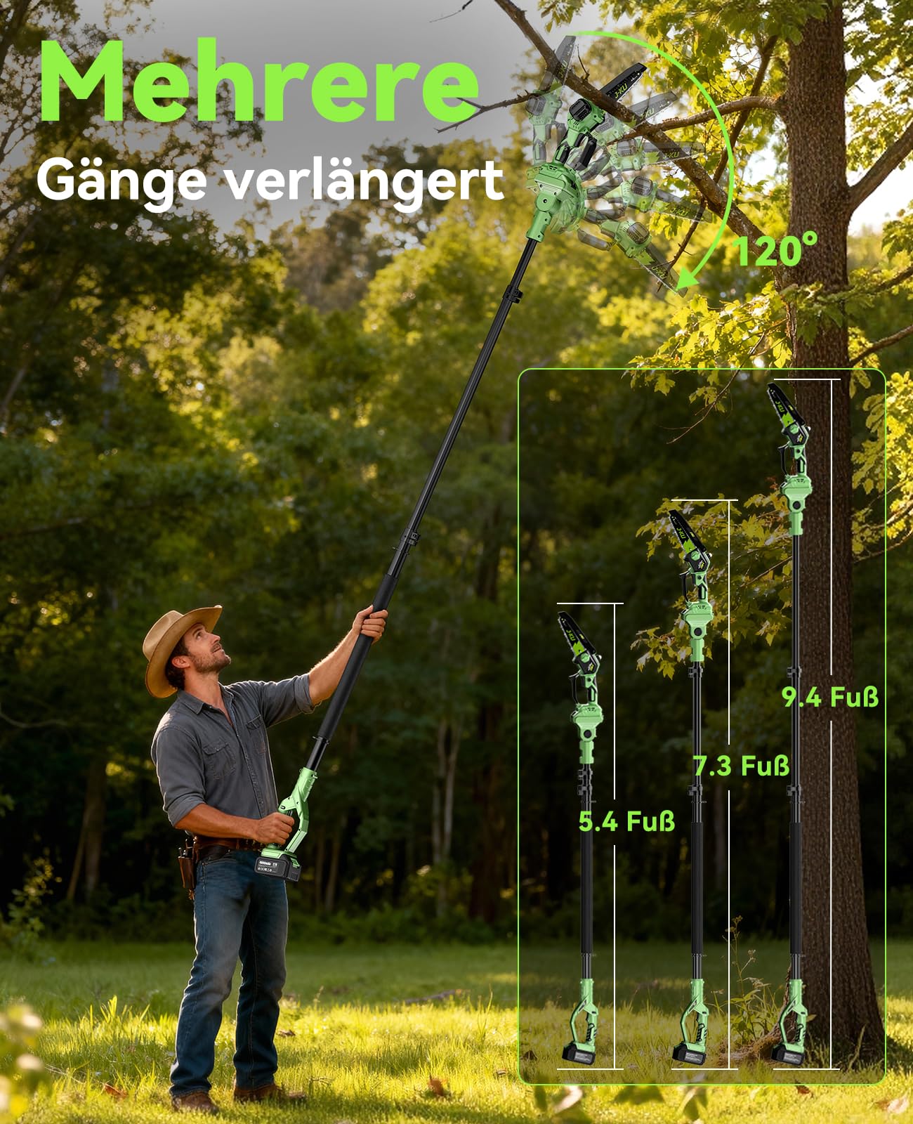 J-KU 2-in-1 Akku Teleskop Hochentaster, 6 Zoll Mini Kettensäge mit 2×4.0Ah Akkus & Ladegerät, Bürstenloser Motor, bis 4,8m Arbeitshöhe, Akku-Astsäge für Baumpflege und Gartenarbeit