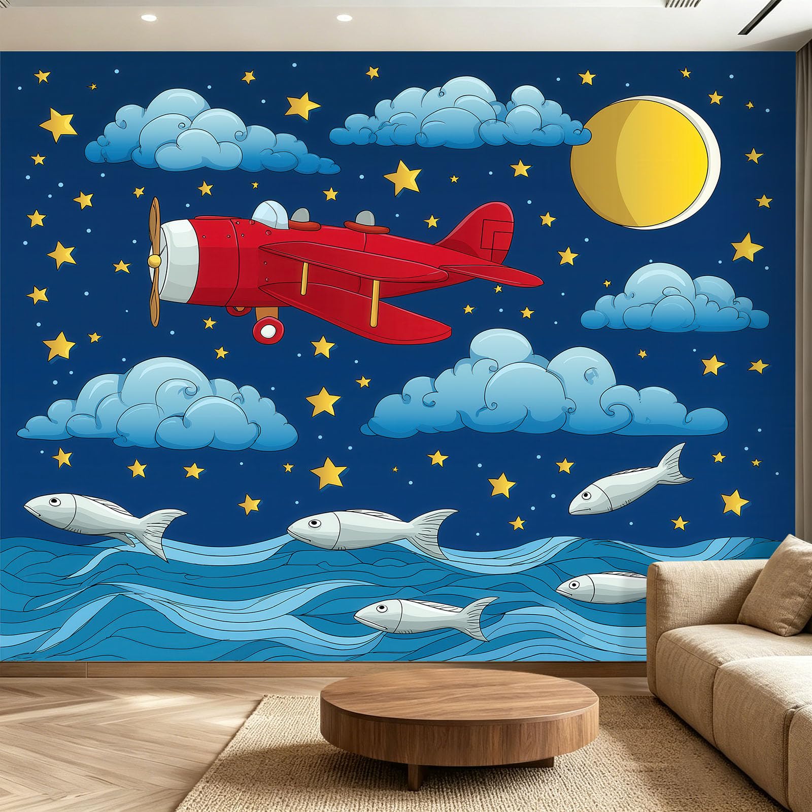 Fototapeta z włókniny, pojazdy, 400 x 280 cm, fantazyjna kreskówka, czerwona, dwupłatowa, tapeta do pokoju dziecięcego, pokoju zabaw - tapeta na flizelinie tapeta ścienna, efekt 3D