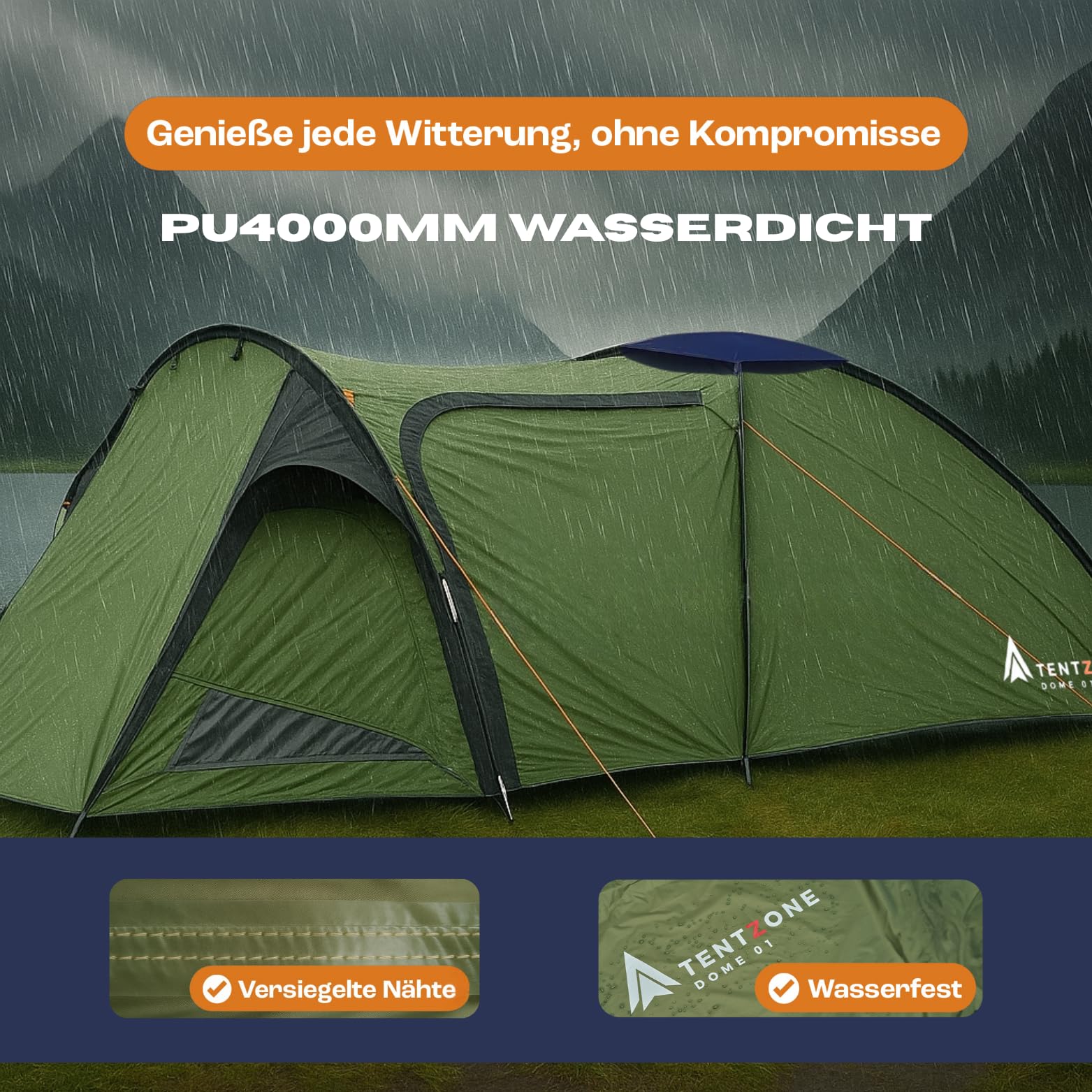 Dome 01, Wasserdicht 4000mm, 2-3 Personen Campingzelt, Vorraum mit abnehmbare Bodenplane, Belüftungsöffnungen, Grün