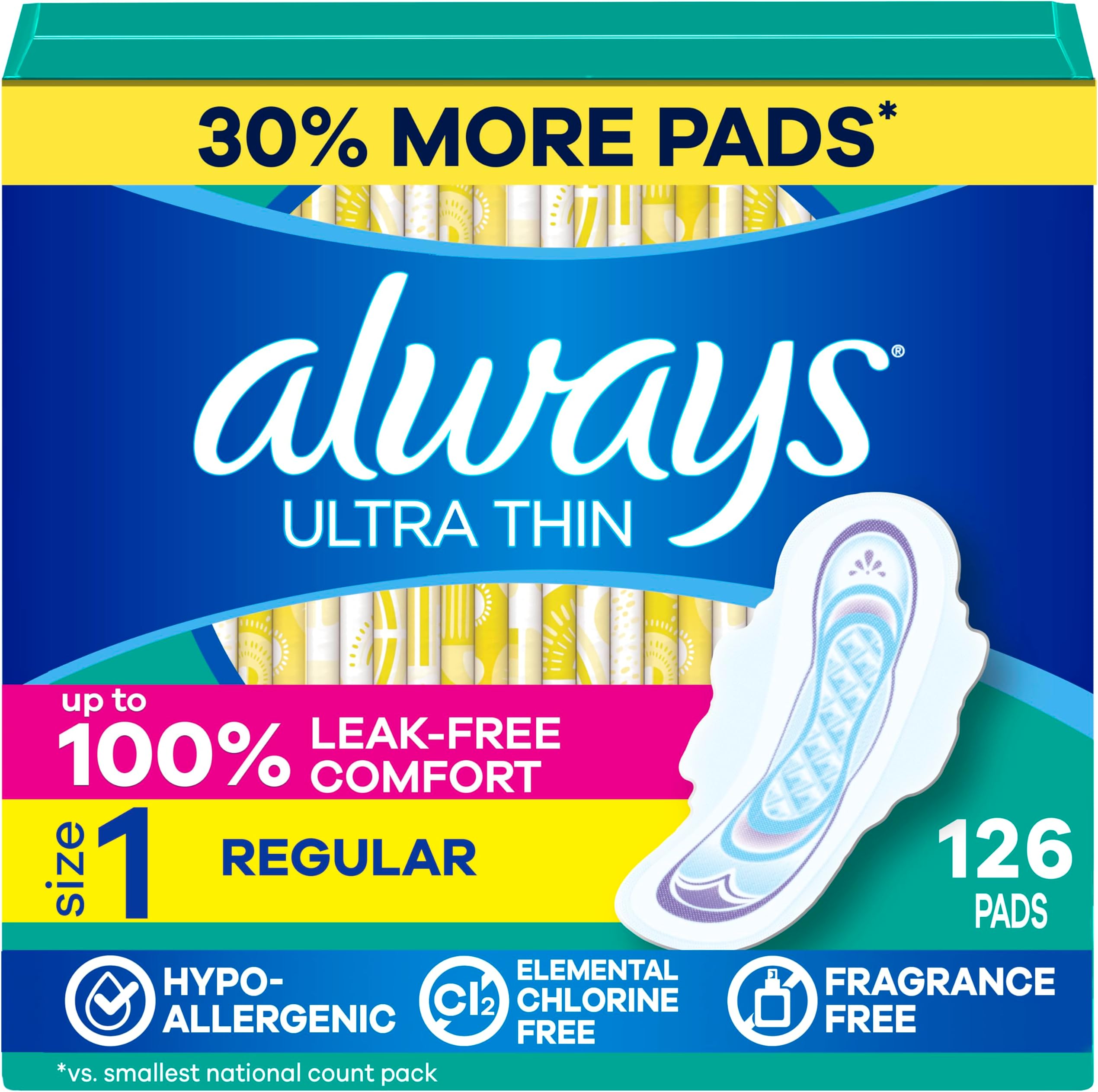 Ultra Thin Pads with Wings, Size 1, Regular, 126 Count (3 Packs of 42)